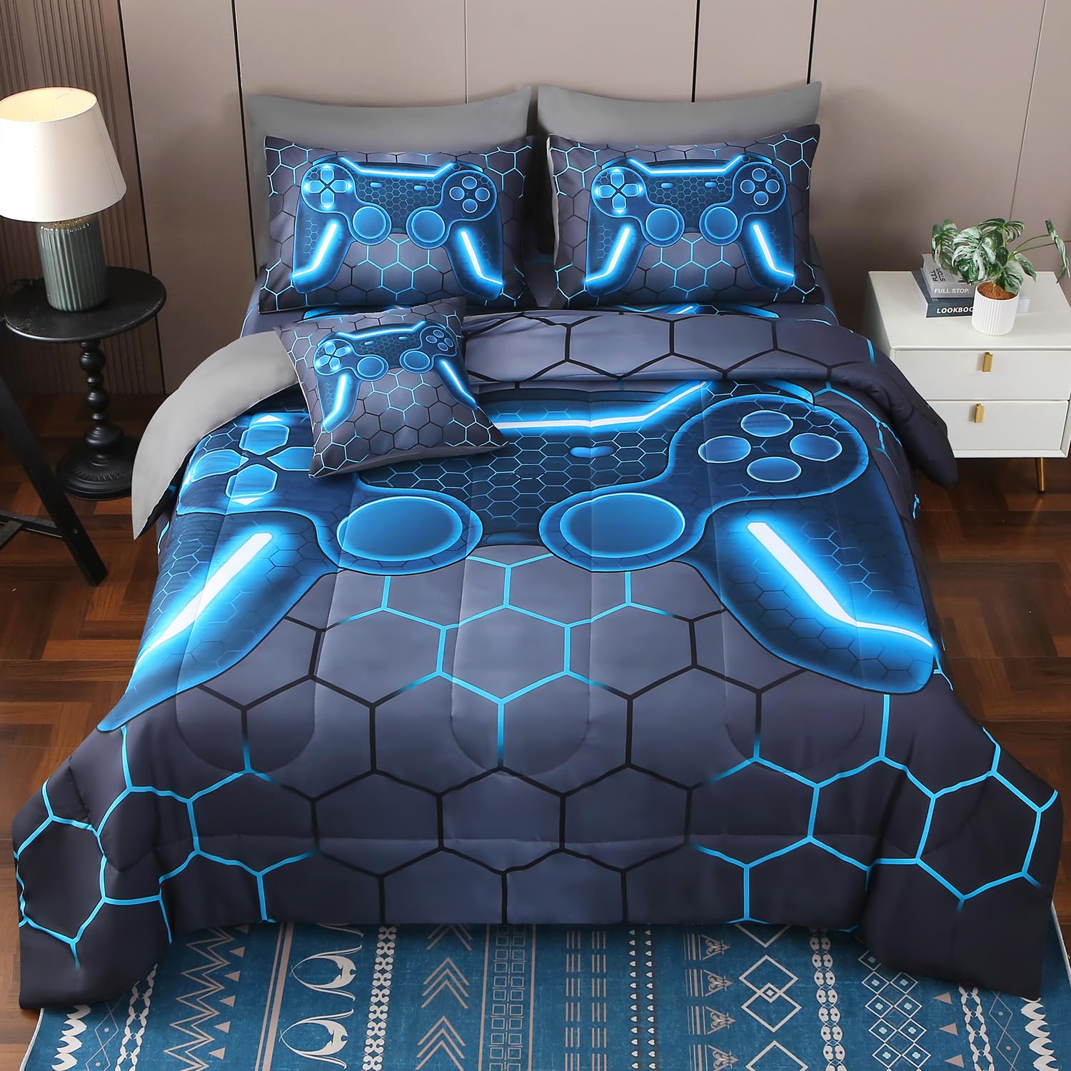 Jqinhome Twin Gamer Comforter Set 8 Piece Bed In A Bag For Boys,3D Video Game Bedding -All Season Soft Microfiber Down Alternati