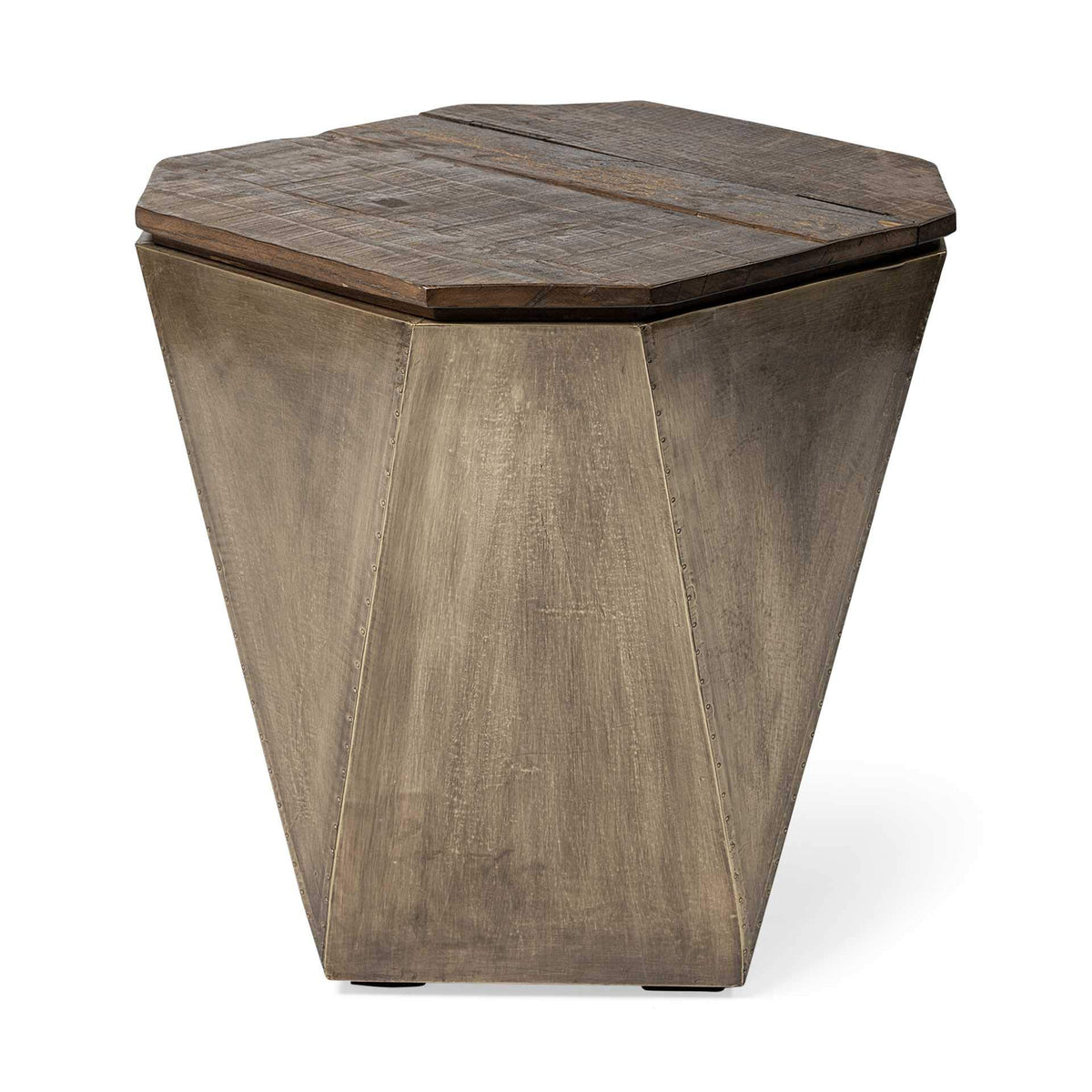 HomeRoots Brown Brass and Natural Wood Side Table with Hexagonal Hinged-Top