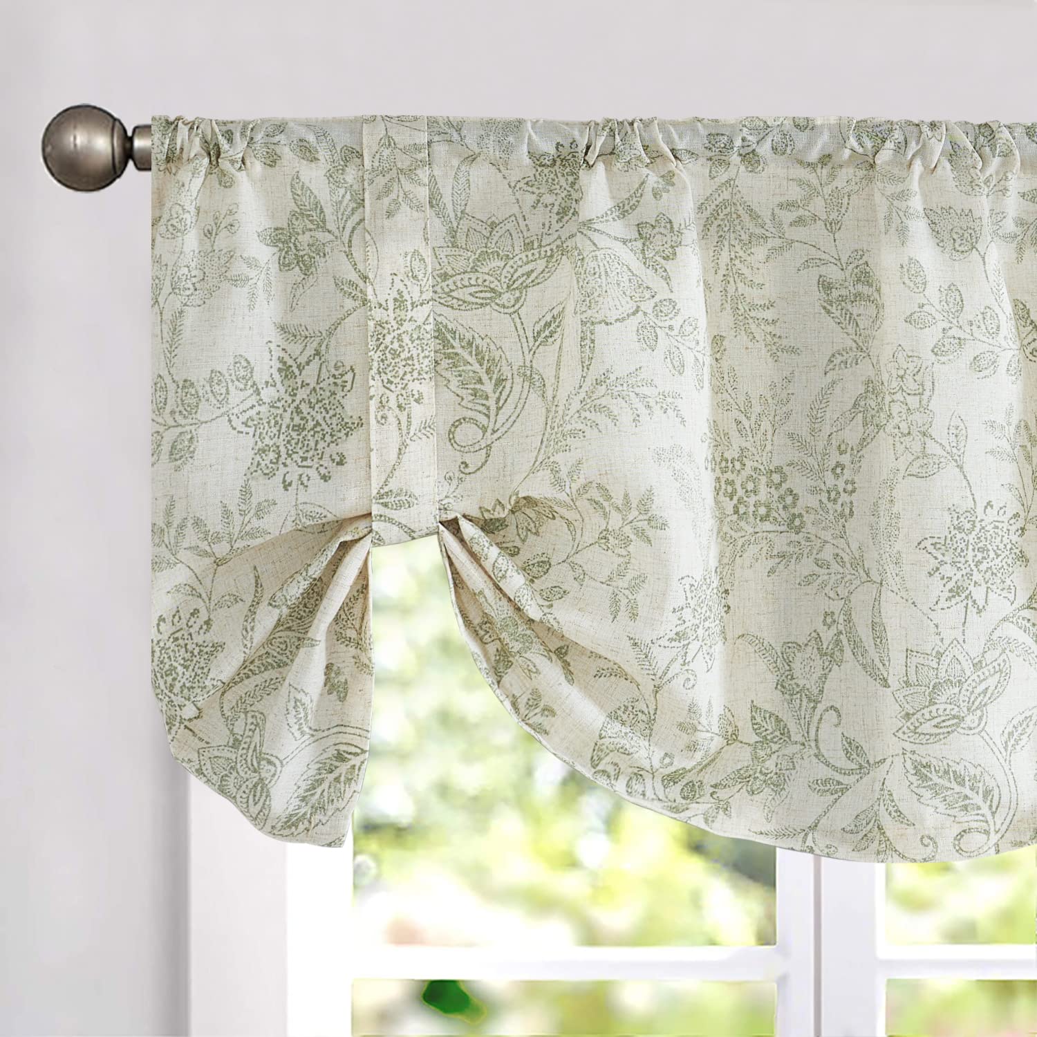 Lazzzy Green Floral Tie Up Valance Curtain Linen Farmhouse Valance for Kitchen Living Room Bathroom Bedroom Country Valances Win