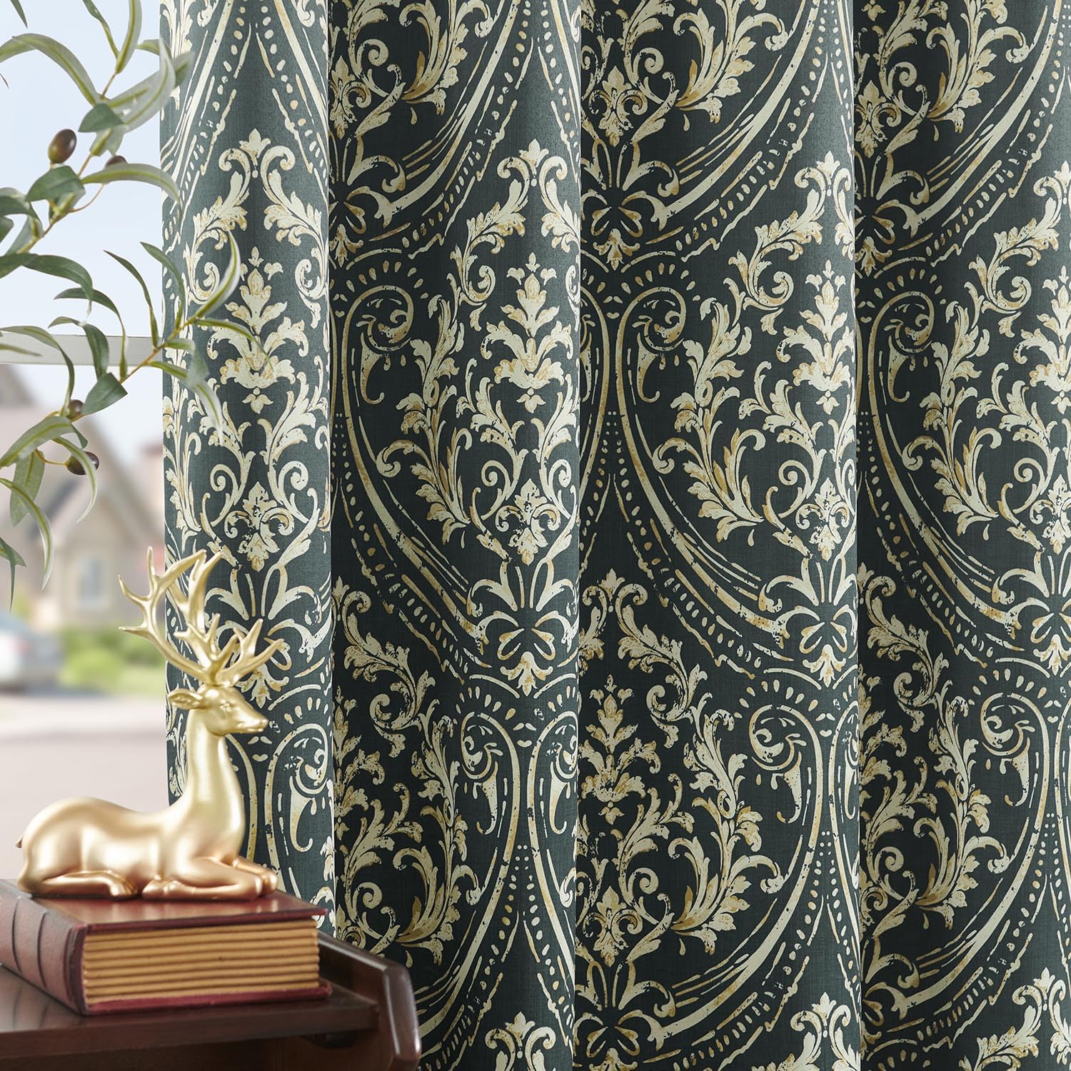 Jinchan 100% Blackout Curtains For Bedroom, Gray Damask Patterned Curtains 96 Inch Length For Living Room, Vintage Medallion Art Deco Drapes, Thermal Insulated Grommet Window Treatments, 2 Panels Grey