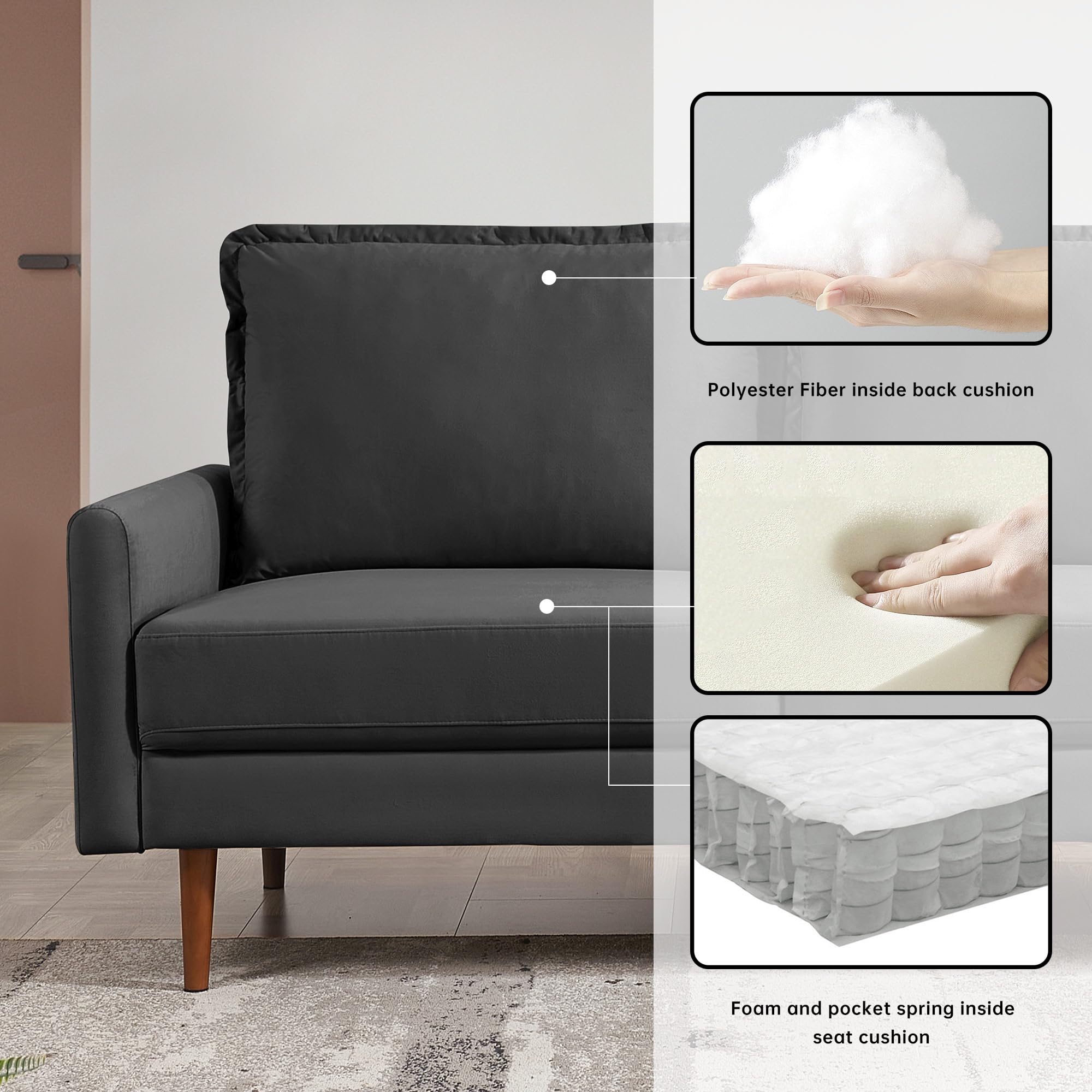 American Furniture Classics Black 57 Inch Wide Upholstered Two Cushion Loveseat with Cambered Arms Velvet, 57&quot; x 32&quot; x 39&quot;