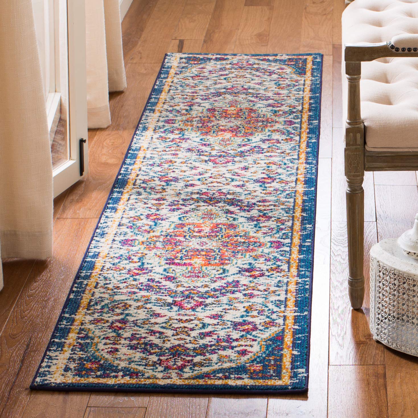 SAFAVIEH Madison Collection Runner Rug - 22 x 18, Ivory & Orange, Boho Chic Medallion Distressed Design, Non-Shedding & Easy C