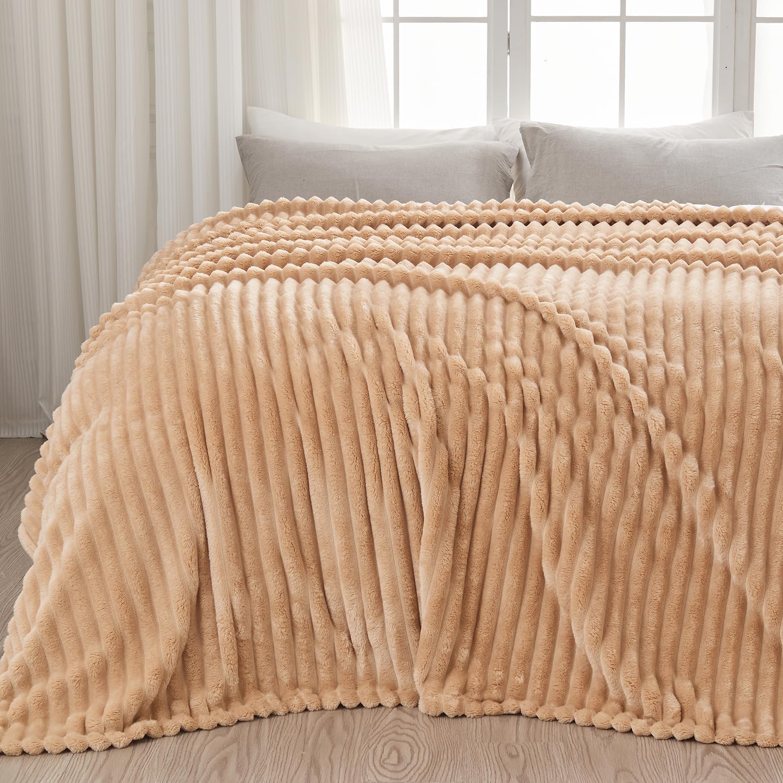 Newcosplay Super Soft Queen Blanket Brown Premium Silky Flannel Fleece 3D Ribbed Jacquard Lightweight Bed Blanket All Season Use