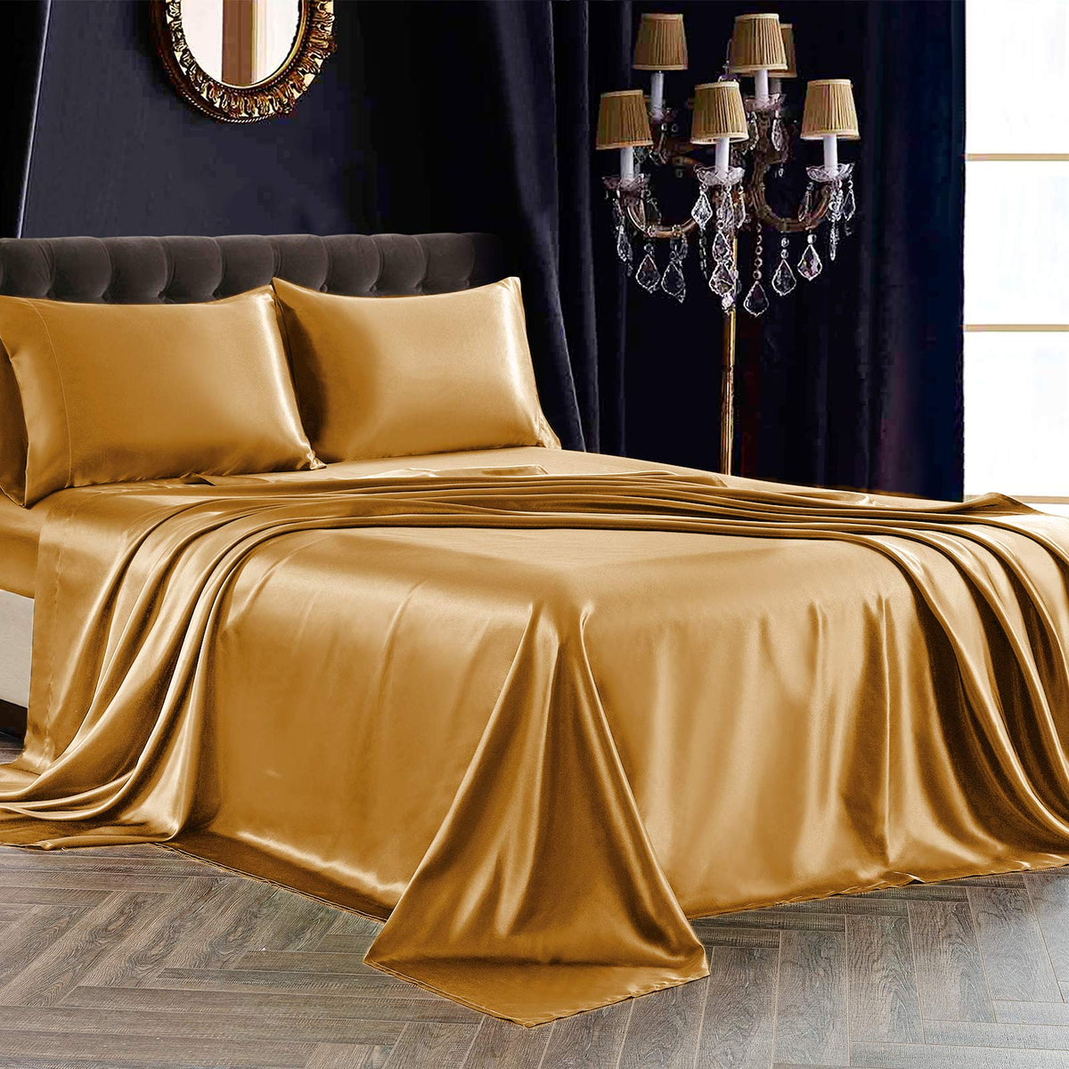 Siinvdabzx 4Pcs Satin Sheet Set Queen Size Ultra Silky Soft Gold Satin Queen Bed Sheets With Deep Pocket, 1 Fitted Sheet, 1 Flat