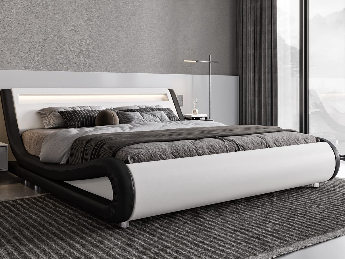Allewie King Size Led Platform Bed Frame With Adjustable Headboard/No Box Spring Need/Easy Assembly/Faux Leather In White And Black