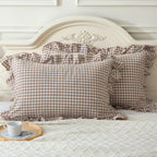 Mywinlle Taupe/White Plaid Ruffle Pillowcases Farmhouse Queen Size Pillow Shams,Shabby Checkered Gingham Pillow Cases Washed Cot