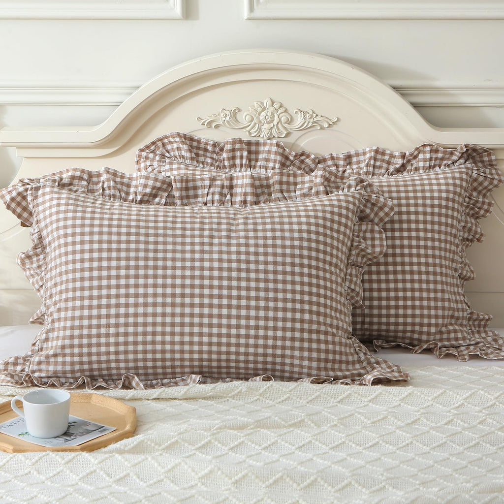 Mywinlle Taupe/White Plaid Ruffle Pillowcases Farmhouse Standard Size Pillow Shams,Shabby Checkered Gingham Pillow Cover Washed