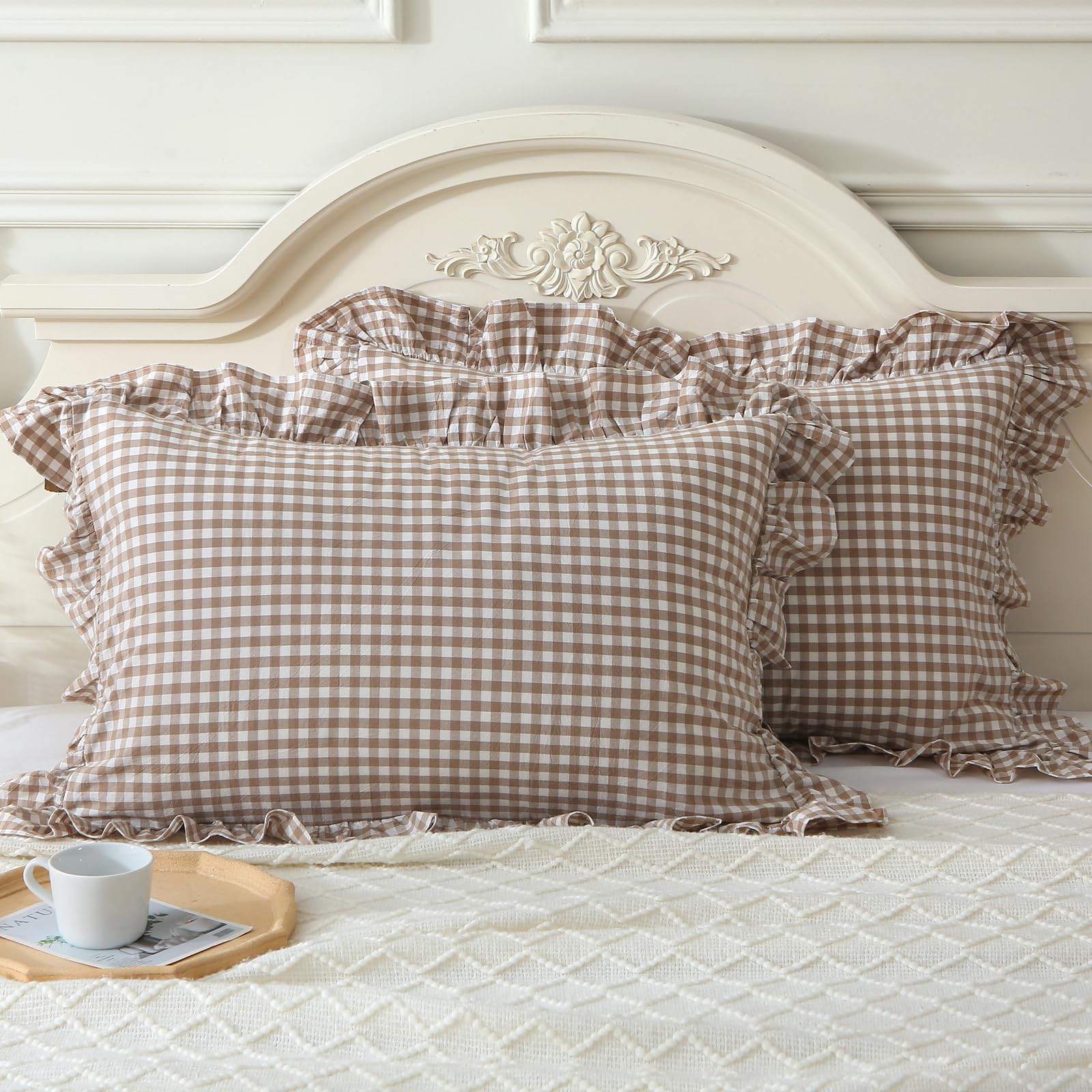 Mywinlle Taupe/White Plaid Ruffle Pillowcases Farmhouse Standard Size Pillow Shams,Shabby Checkered Gingham Pillow Cover Washed