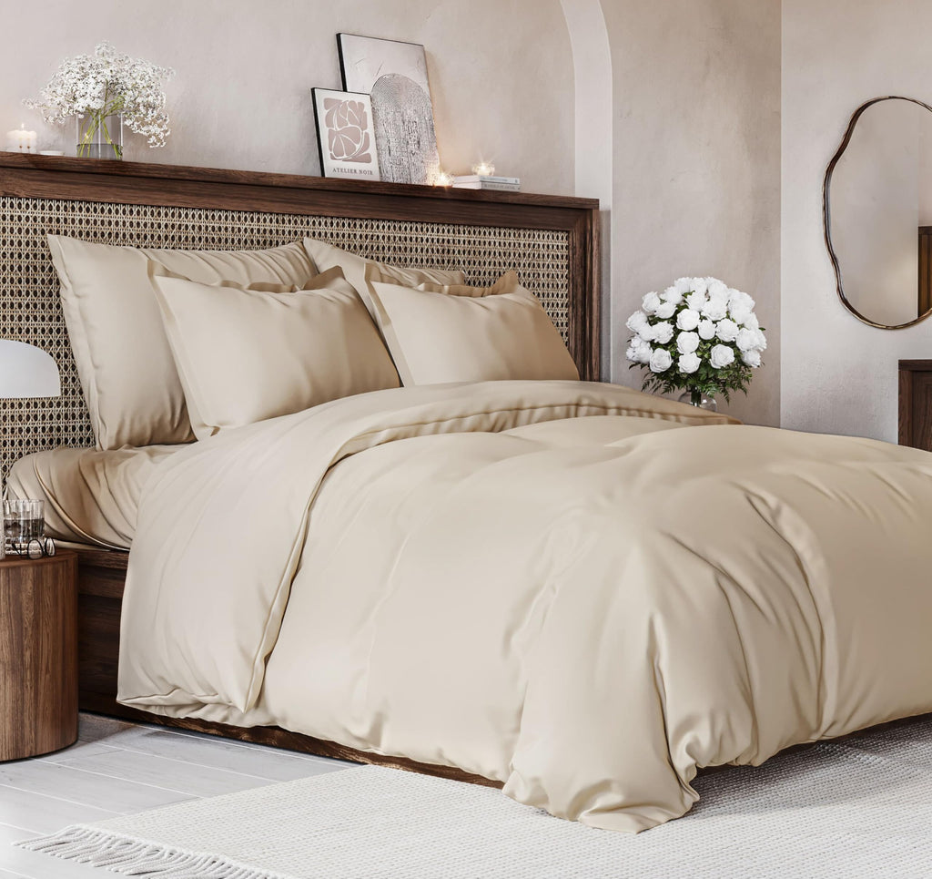 Duvet Cover Queen Size Set - Extra Soft Queen Size Duvet Cover - 90' X 90' Queen Duvet Cover W/ 2 Pillow Shams - Hotel Luxury, Easy Care & Fade Free - Comforter Cover W/ Zipper Closures & Ties (Wheat)