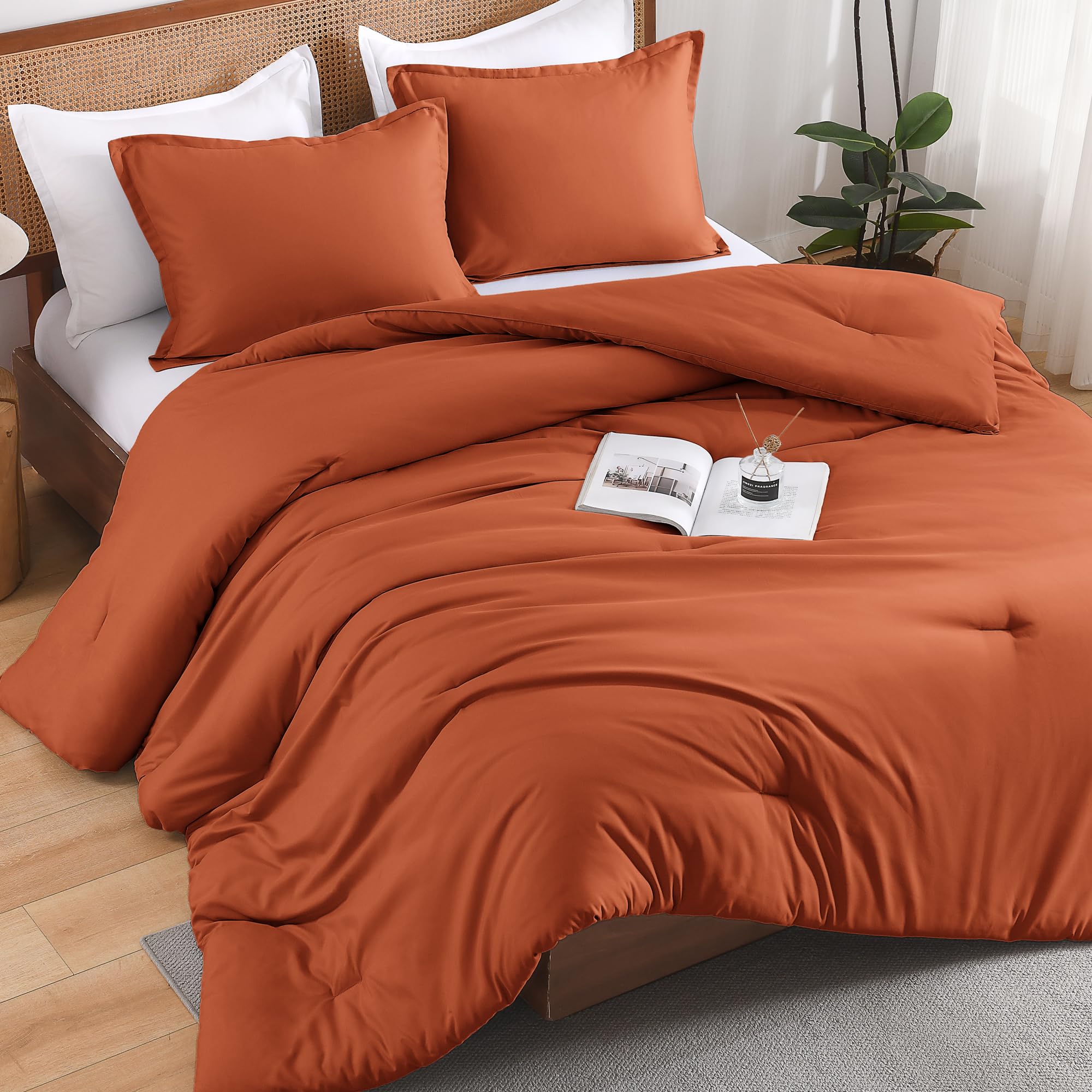Andency King Size Comforter Set Burnt Orange, 3 Pieces Terracotta Boho Solid Bedding Sets, Vintage Soft Lightweight Microfiber All Season Bed Set For Men Women