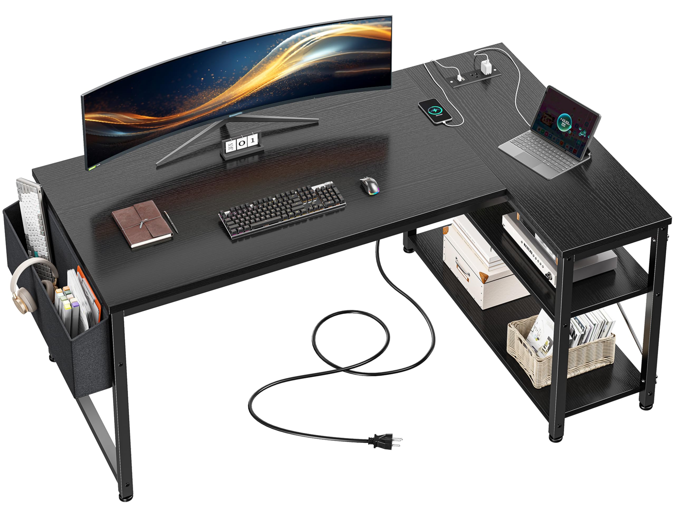 EnHomee 48 Inch L Shaped Desk with Storage Shelves & Side Bag, Computer Desk with Power Outlets, Reversible Corner desks with X-