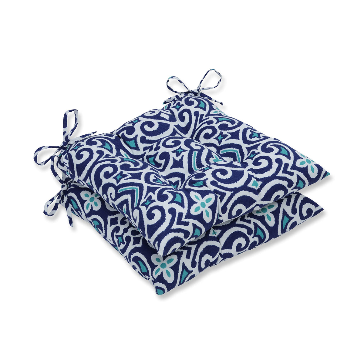 Pillow Perfect Damask Indoor/Outdoor Chair Seat Cushion With Ties, Tufted, Weather, And Fade Resistant, 18.5' X 19', Blue/Whit