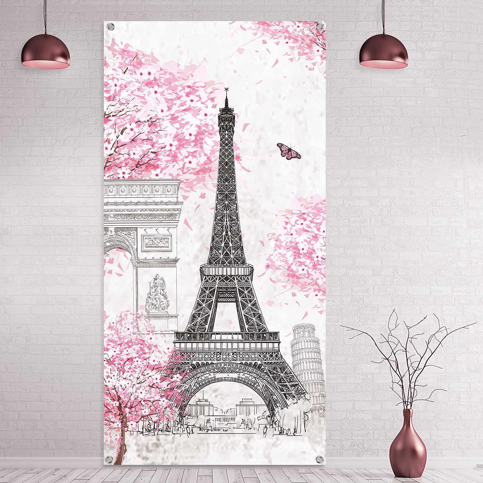 Tatuo Paris Eiffel Tower Backdrop Pink Eiffel Tower Background Banner 70.9 x 35.4 Inch Paris Pink Tree Wall Hanging Decor for Gi