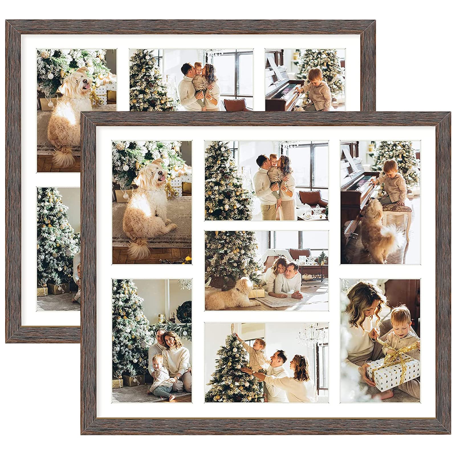 Golden State Art, Set of 2, 13.7x15.7 Distressed Brown Wood Collage Frame - White Mat - Displays Seven 4x6 Photos - Real Glass, 