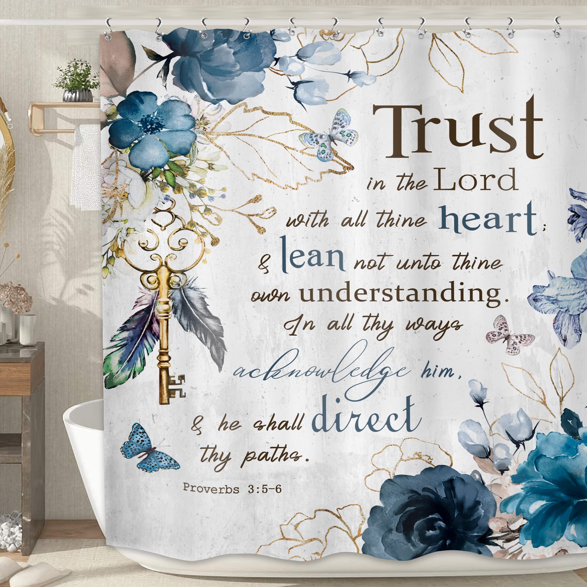 MESHELLY Teal Floral Christian Shower Curtain 72Wx72H Rustic Blue Flower Bathroom Curtain Bible Verse Inspirational Quote Bath C