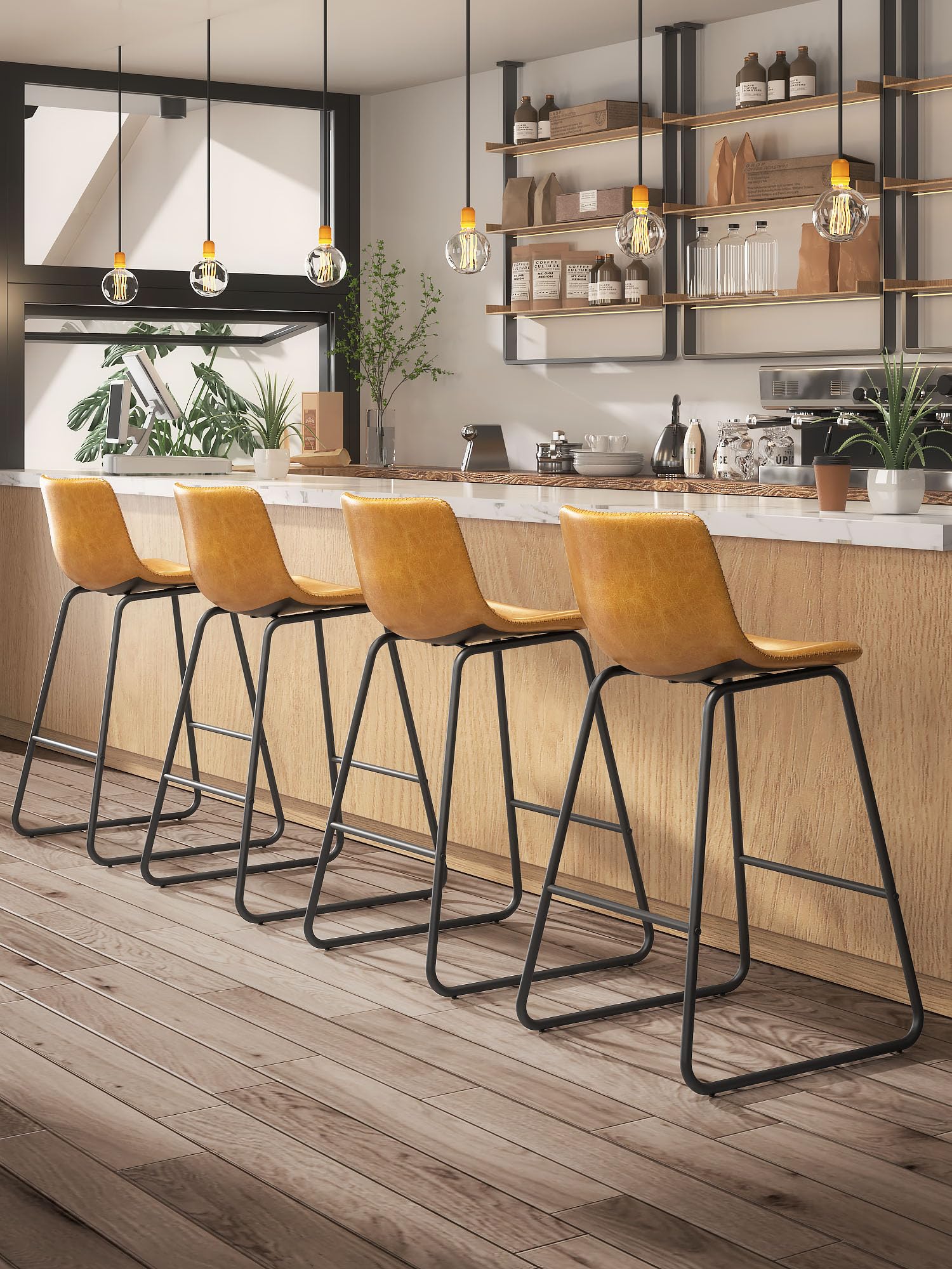 Aowos Bar Stools Set of 4, 26 Inches Counter Height Bar Stools with Back, Modern Faux Leather Barstools with Metal Legs and Foot