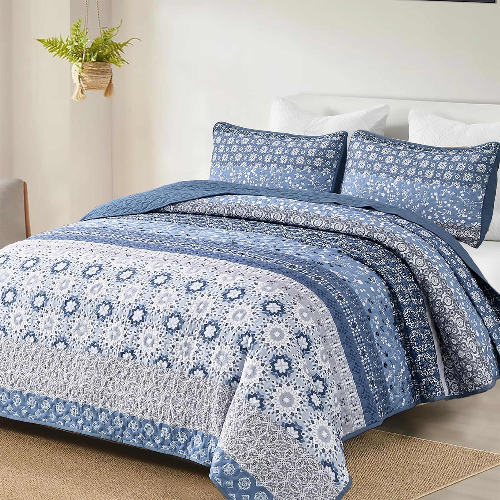 WONGS BEDDING Boho Quilt Set King, Blue Bohemian Striped Patchwork Summer Bedspread Coverlet Set with 2 Pillowcases,Lightweight 