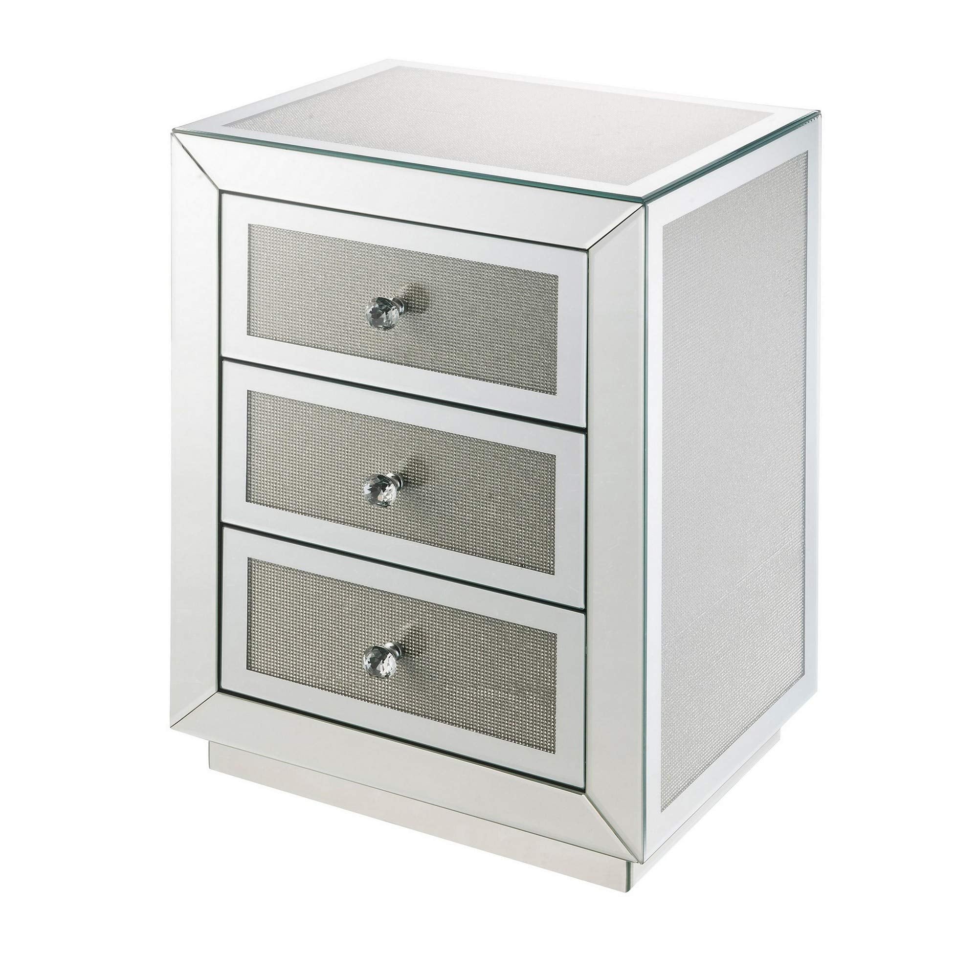 Benjara 3 Drawer Mirrored Nightstand With Faux Diamond Inlay, Silver