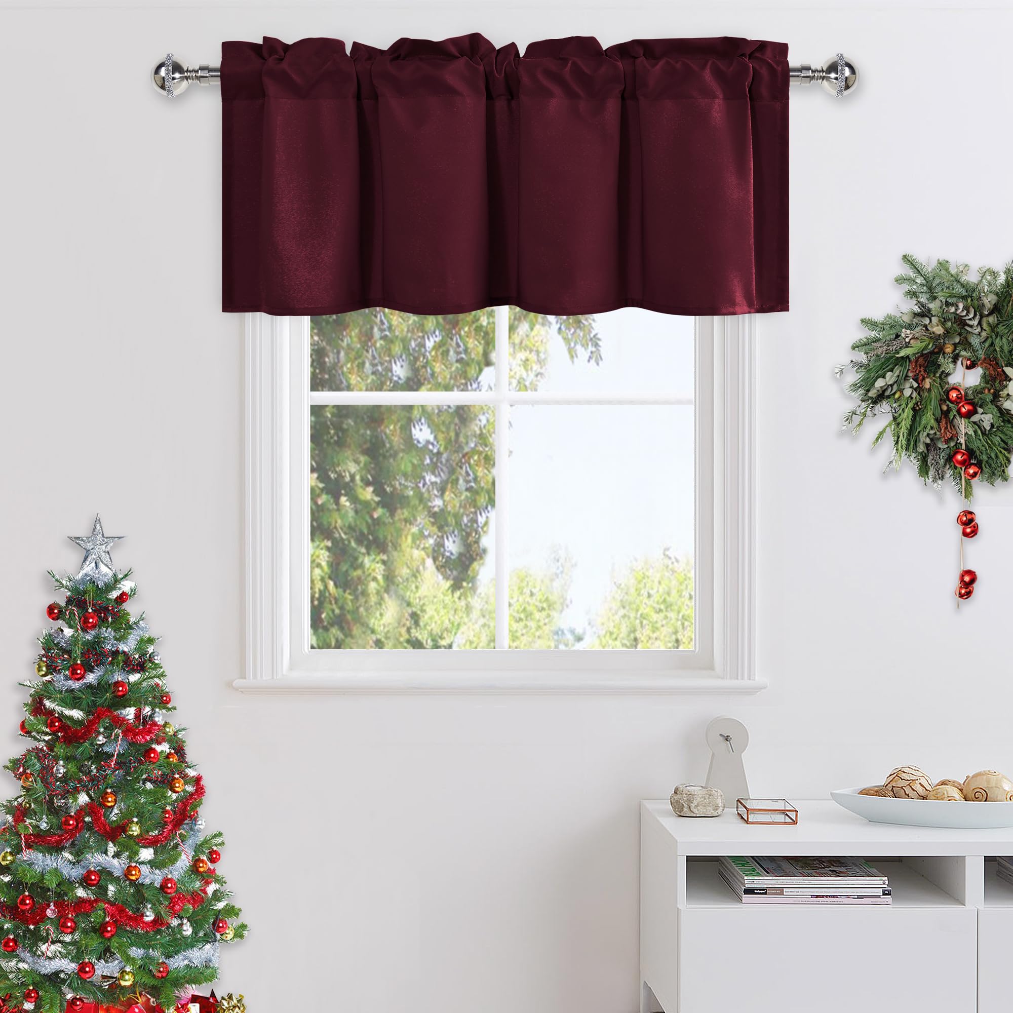 DWCN Burgundy Valance Curtains for Living Room, Kitchen Valance Solid Short Topper - Room Darkening Curtain Valance, Rod Pocket 