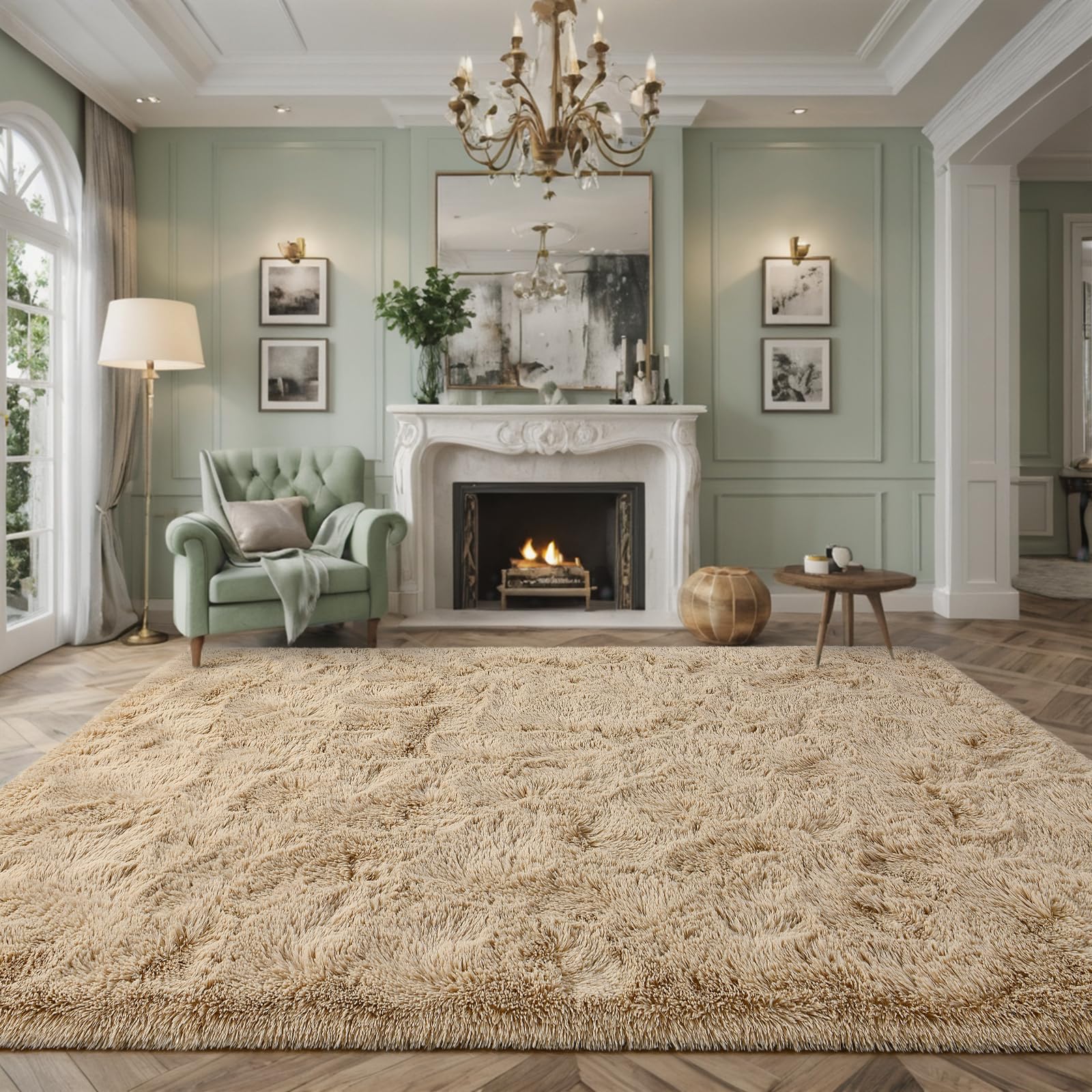 Larhom Extra Large Soft Area Rugs for Living Room Bedroom, 8x10 Feet Beige Shag Rug Carpet, Plush Fluffy Carpet for Kids Girls R