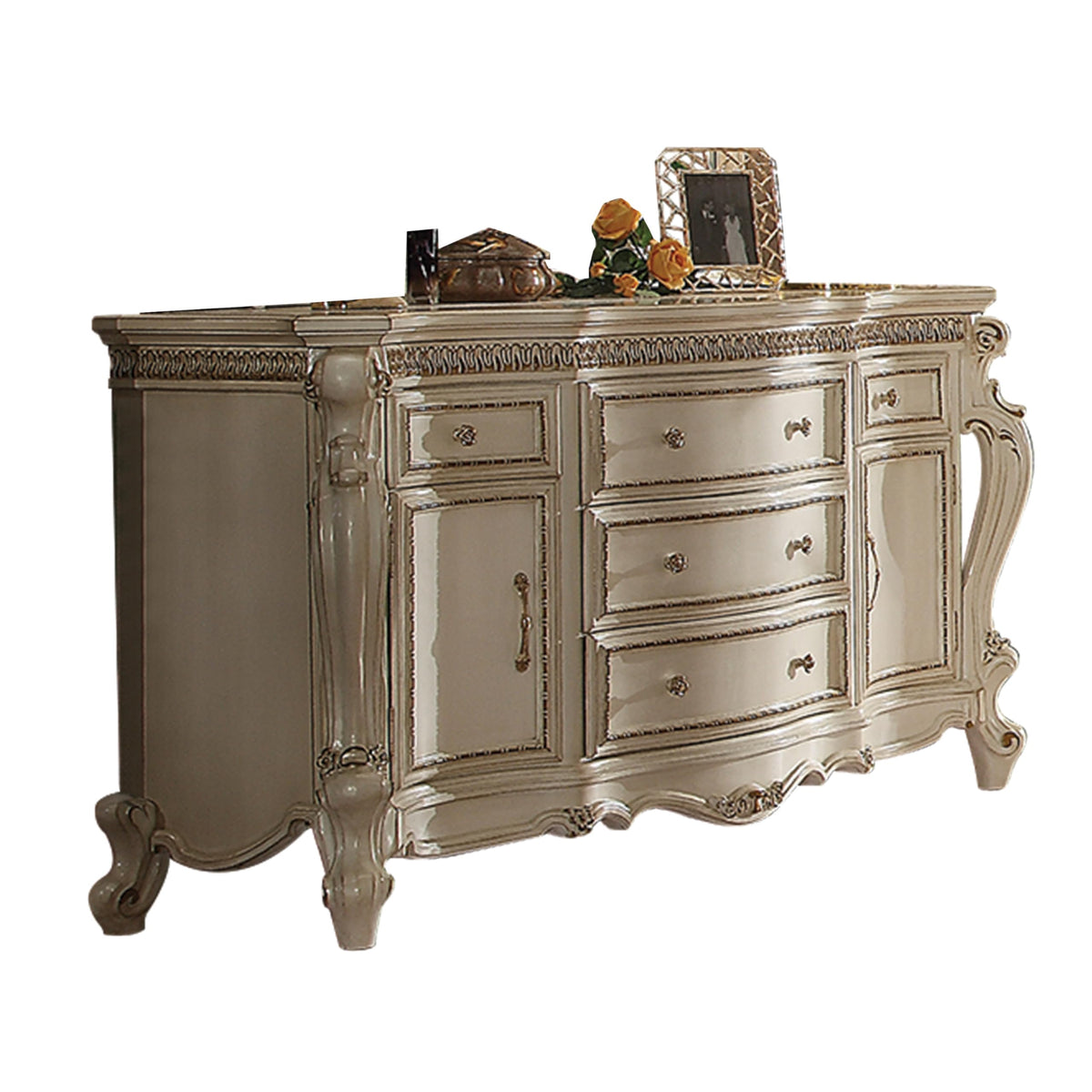 ACME Furniture 5 Drawers and 2 Doors Wood Dresser, 64.17&quot; L x 22.05&quot; W x 37.4&quot; H, Antique Pearl