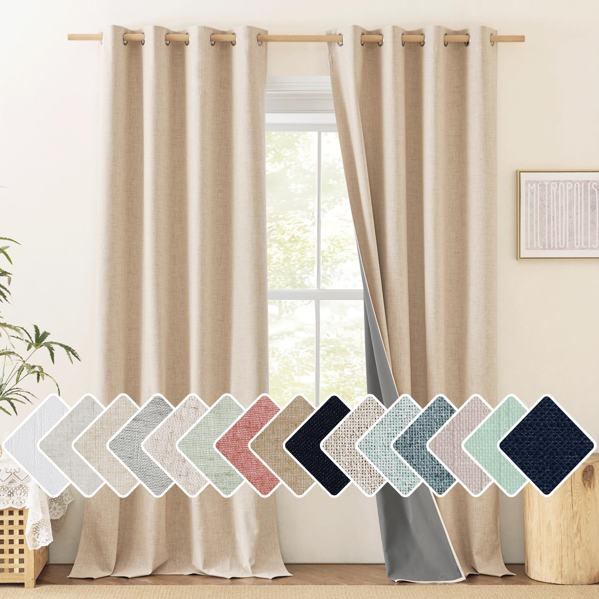 Nicetown 100% Blackout Cream Linen Curtains 95 Inches Length For Dining Room, 2 Panels Set, 52' Wide, Farmhouse Style Room Cooling Window Draperies With Thermal Insulated Liners