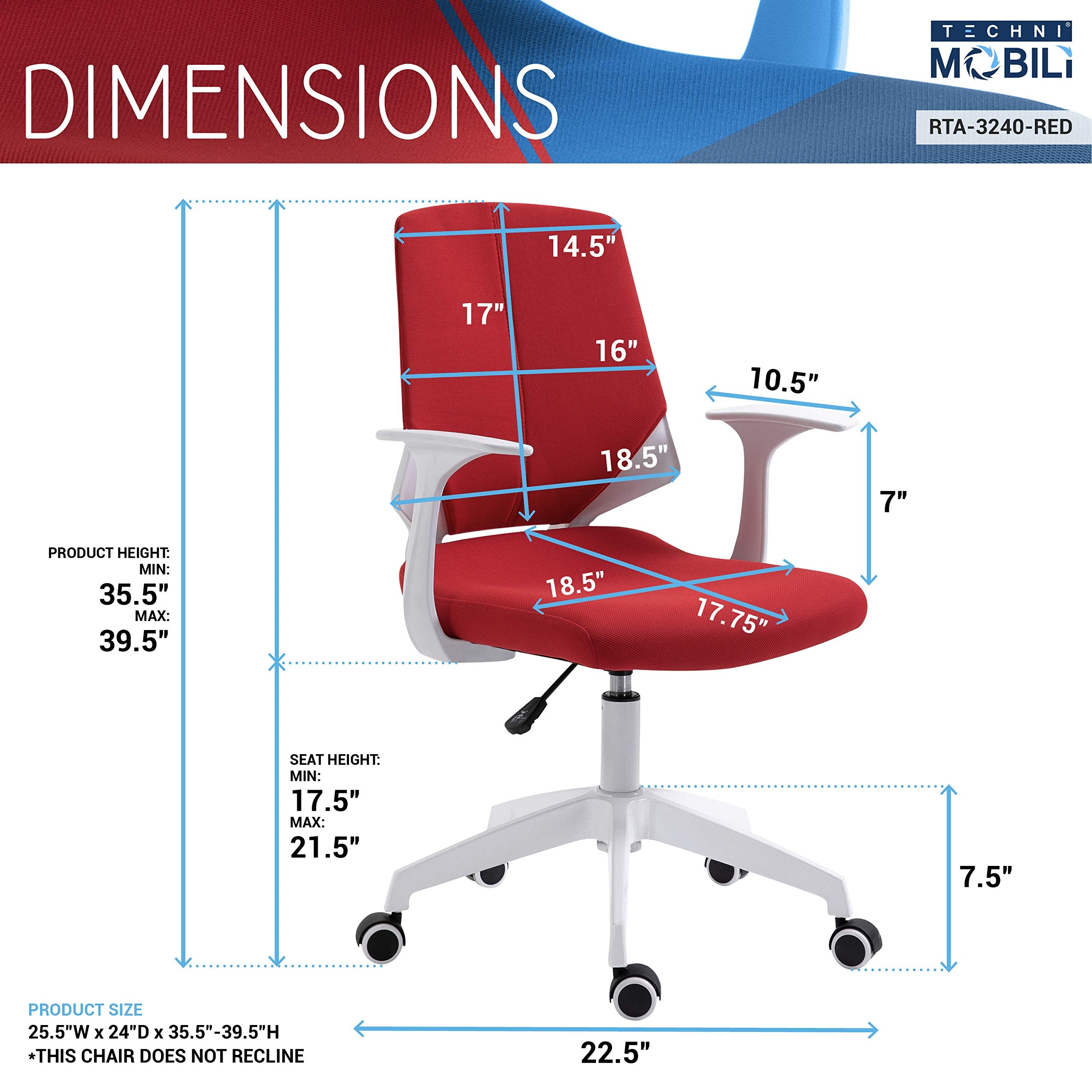 Techni Mobili Task Height Adjustable Mid Back Office Chair, Regular, Red