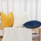 Decoruhome Faux Fur Throw Pillow Covers 12X20 Set Of 2, Decorative Soft Plush Striped Lumbar Couch Pillow Covers With Velvet Back For Sofa, Bed, Living Room, Blue