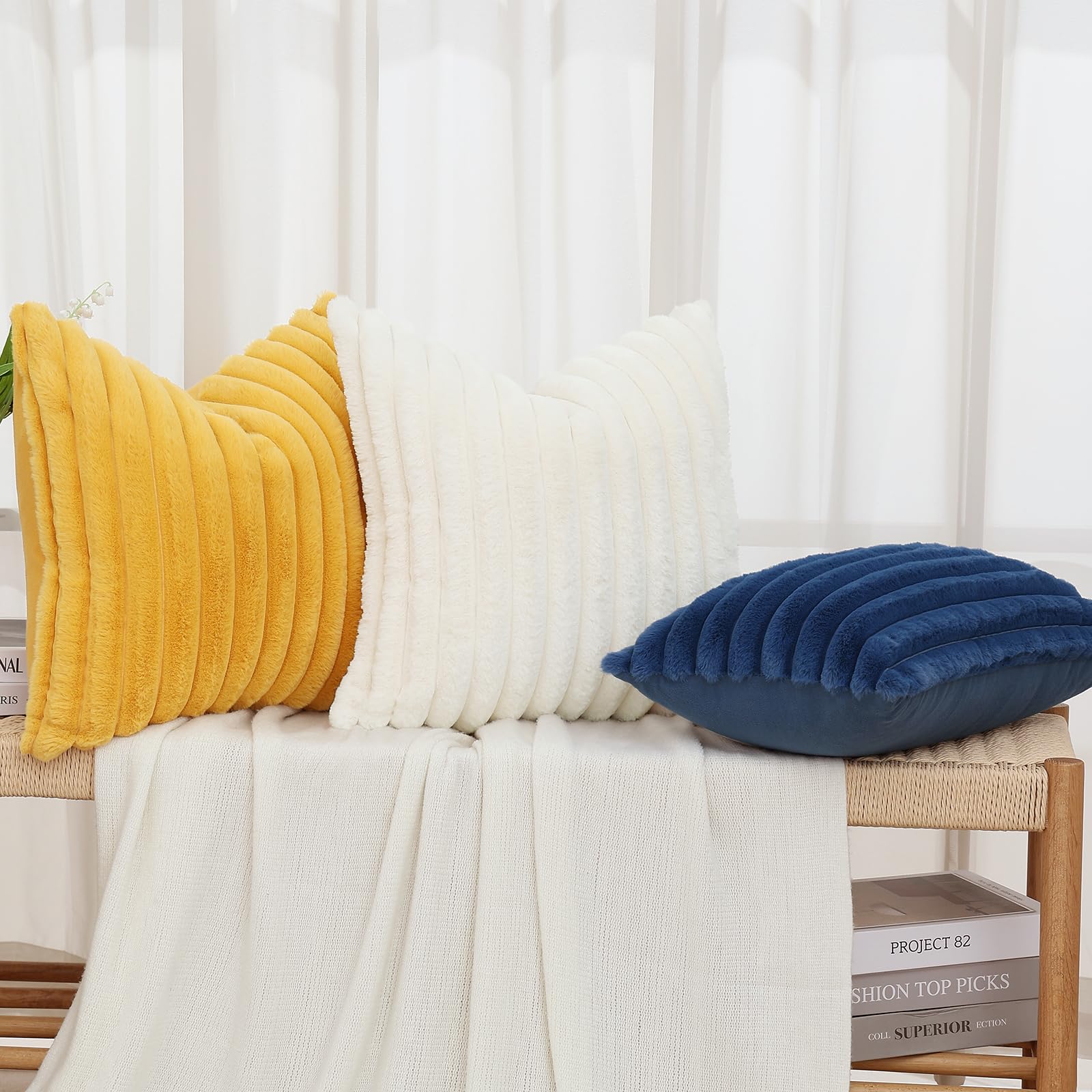 Decoruhome Faux Fur Throw Pillow Covers 12X20 Set Of 2, Decorative Soft Plush Striped Lumbar Couch Pillow Covers With Velvet Back For Sofa, Bed, Living Room, Blue