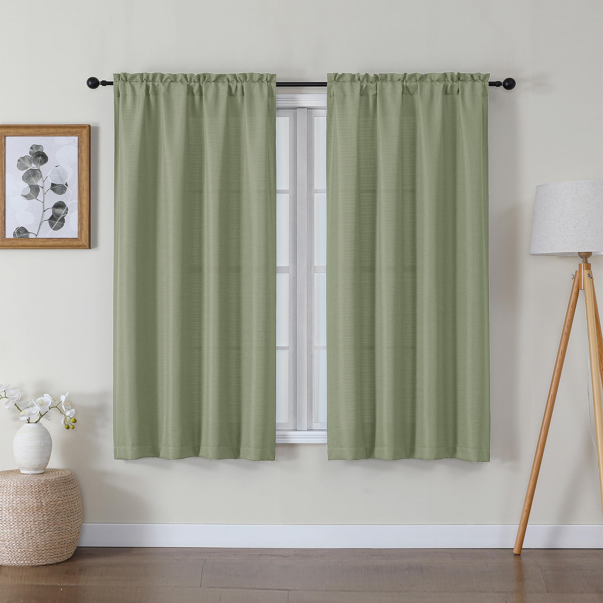 Lecloud Bessie Light Green Curtains 54 Inch Length 2 Panels Set, Light Filtering Faux Linen Textured Window Curtains, Rod Pocket