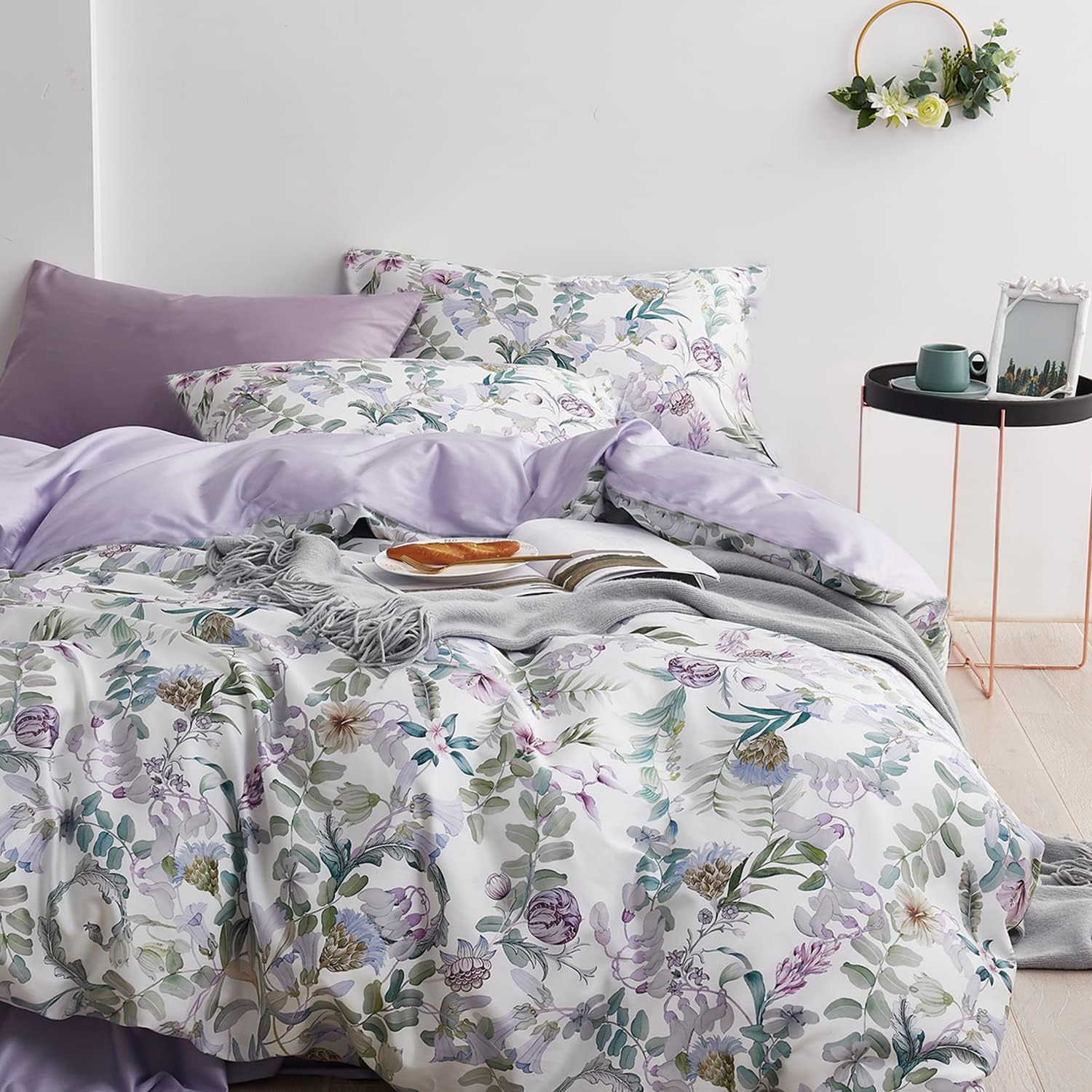 Floral Duvet Cover Set Garden Style Twin 2 Pieces Bedding Set, Ultra Soft Green Leaves Botanical Flowers Pattern Lavender Revers