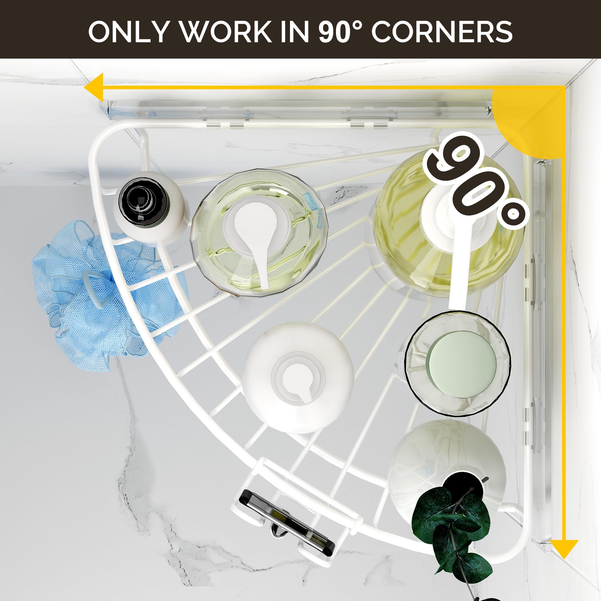 Orimade Corner Shower Caddy With 2 Hooks Wall Mounted Metal Bathroom Shelf Storage Organizer Adhesive No Drilling 2 Pack, White