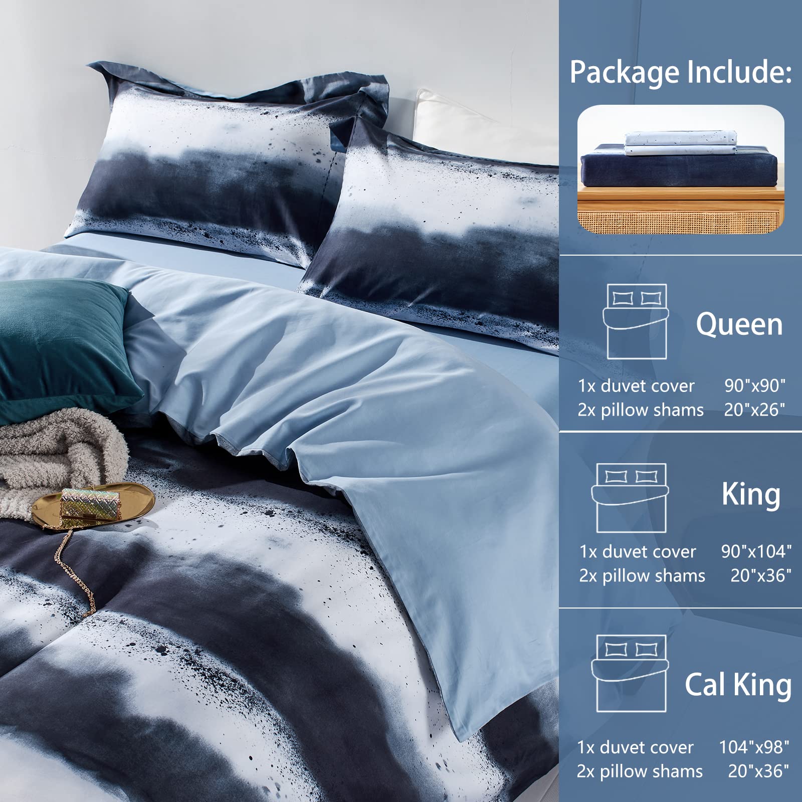 Mildly 100% Long-Staple Cotton Duvet Cover Set Navy & White Striped Watercolor Pattern Printed Comforter Cover 3Pcs, Ultra Soft