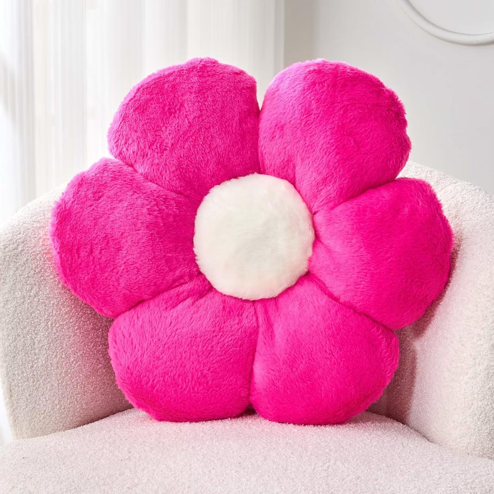 Kcvvcr Hot Pink Flower Pillow, Cute Decorative Flower Shaped Throw Pillow With Faux Rabbit Fur, 19.6' Soft Flower Plush Throw P