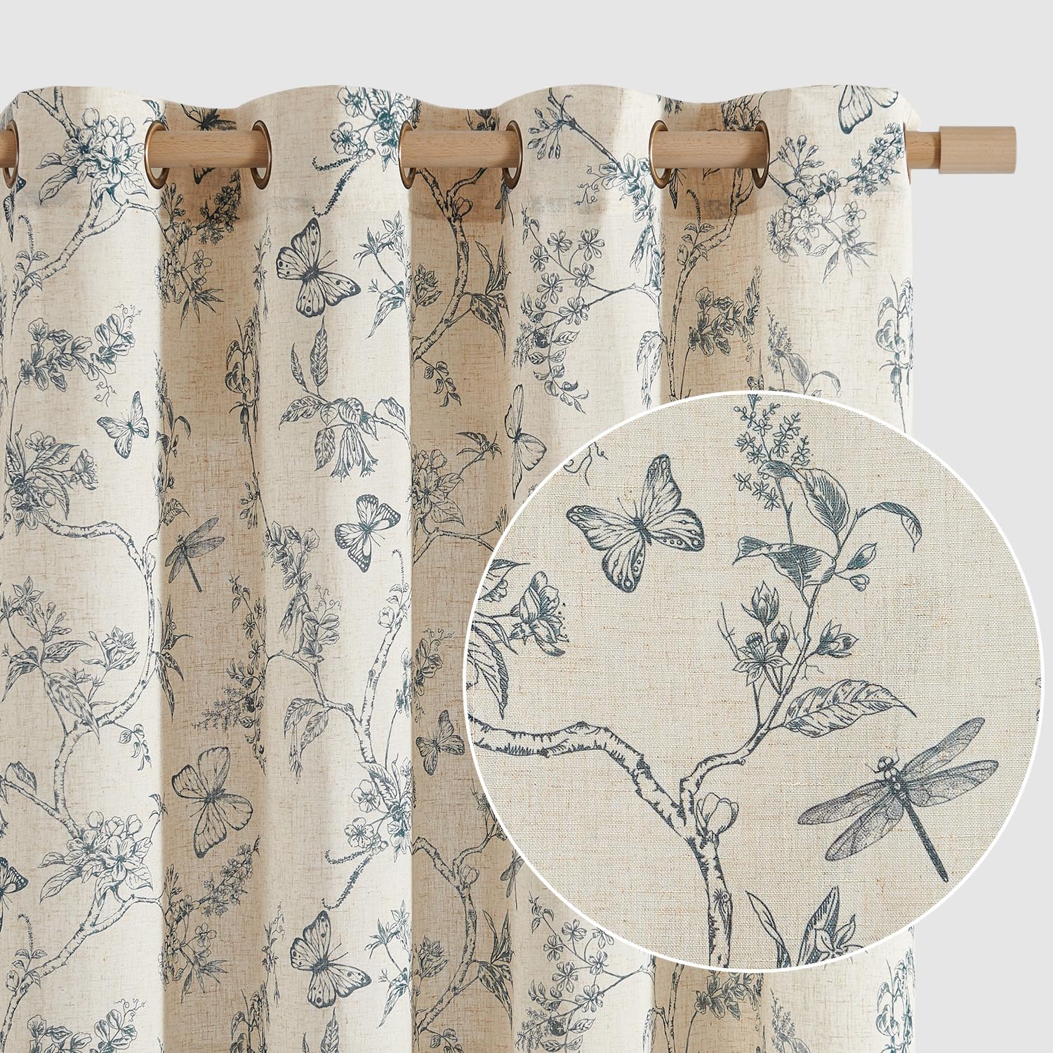 Lazzzy Linen Farmhouse Curtains Blue Floral Curtains 63 Inch Length Drapes For Living Room Bedroom Pattern Light Filtering Count