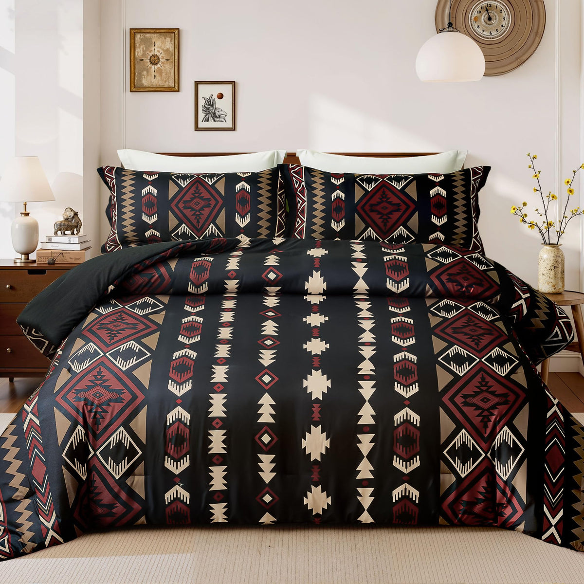 Tyrot Aztec Comforter Bedding Set with Pillow 2 Shams for All Season, Black Red, King Size