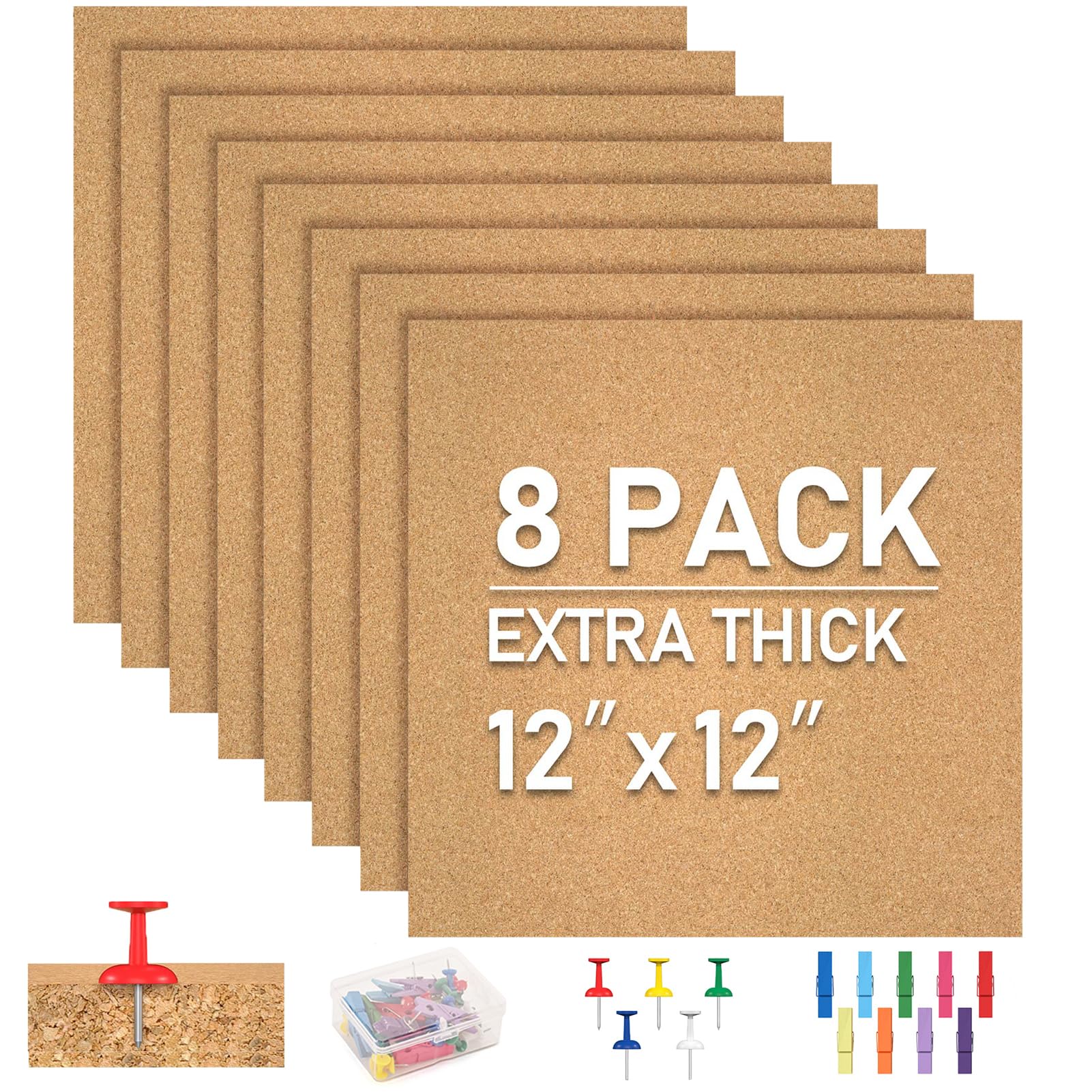 Cork Board Tiles - 8 Pack Adhesive Corkboards, Wall Decorations, Squares, Decorative Sheet For Office, School & Home