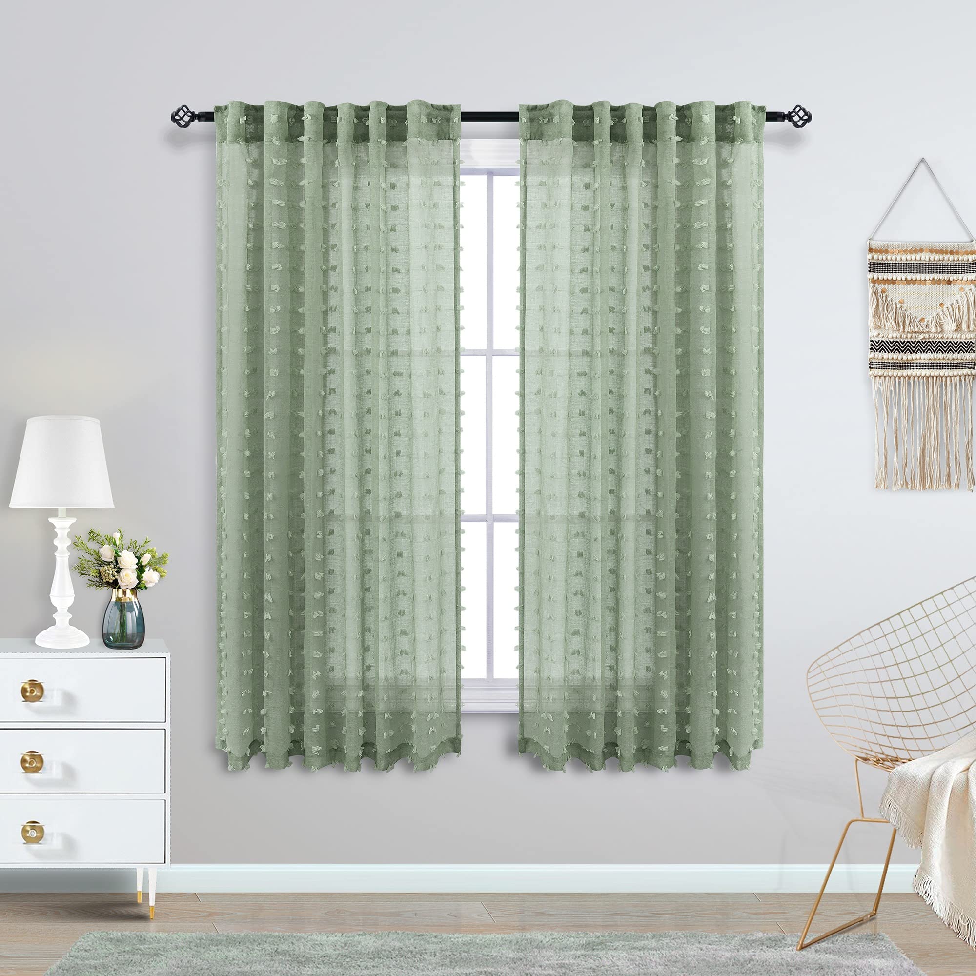 Koufall Sage Green Small Curtains For Kitchen Window,Boho Rod Pocket Sheer Curtains For Bathroom Set Of 2 Pack,52 X 45 Inch Leng