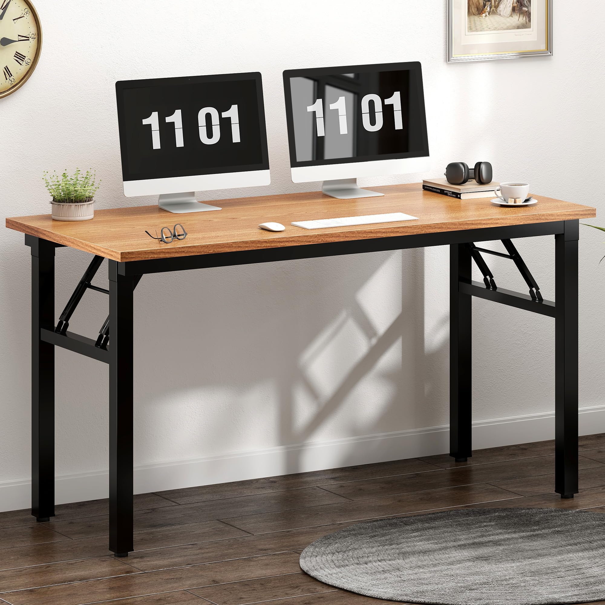 Need Home Office Desk 47 Inches Folding Computer Table Workstation No Install, Teak And Black