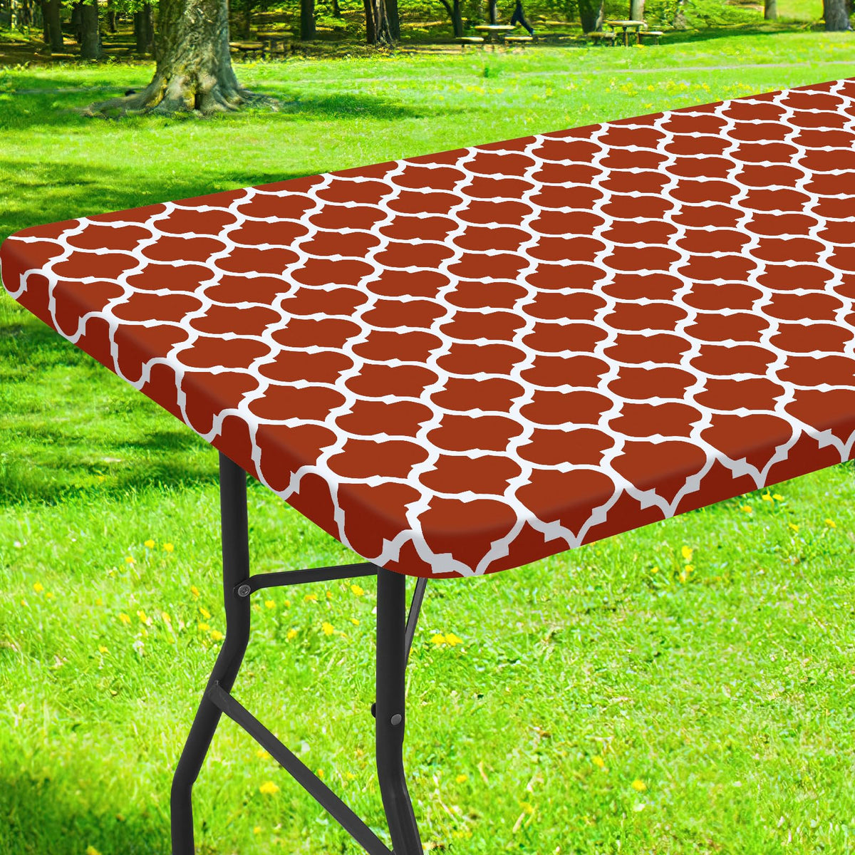 Smiry Rectangle Picnic Table Cover, Waterproof Elastic Fitted Camping Table Covers For 8 Foot Tables, Wipeable Flannel Backed Vinyl Tablecloth Protector For Indoor, Outdoor (Rust, 30X96 Inches)