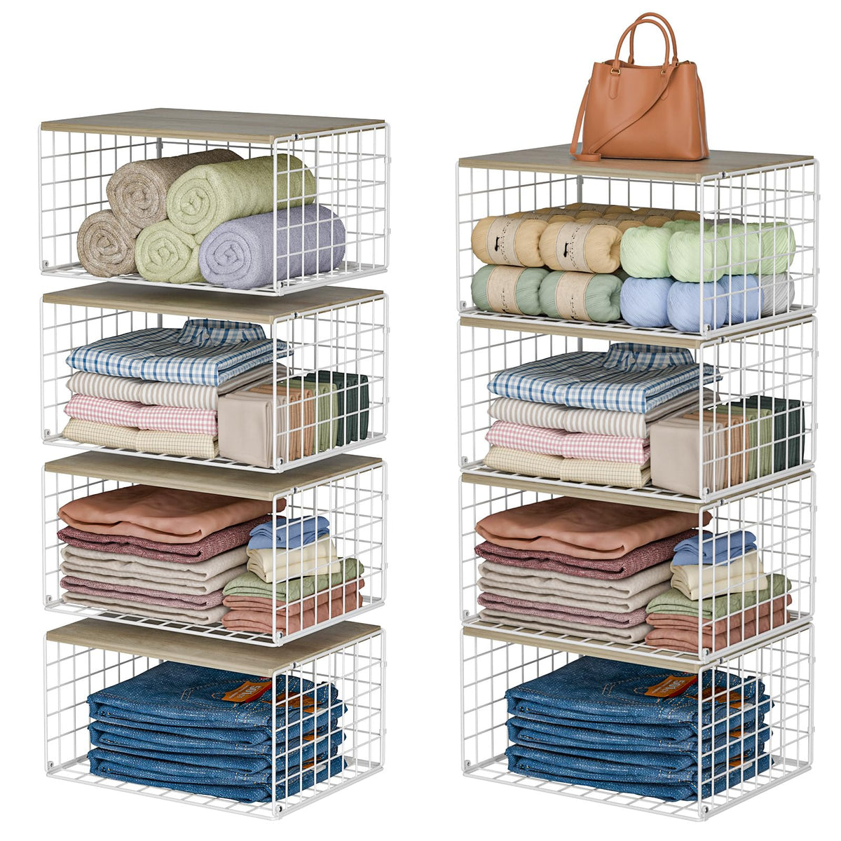 Hencawima 4 Pack Stackable Closet Storage Shelf Organizer Metal White