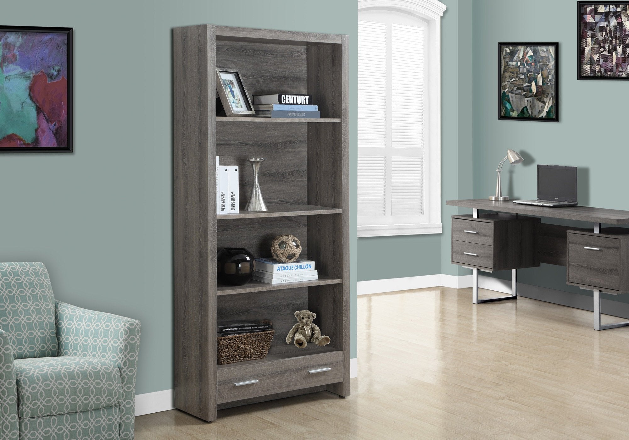 Monarch Specialties Dark Taupe Reclaimed-Look Bookcase with a Drawer, 71-Inch