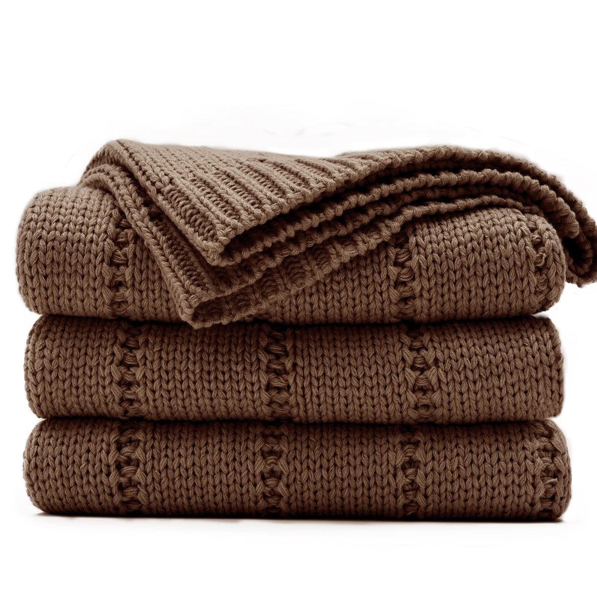 Recyco Cable Knit Brown Throw Blanket For Couch, Super Soft Warm Cozy Decorative Knitted Throw Blanket 2.3Lb For Bed, Sofa, Chai