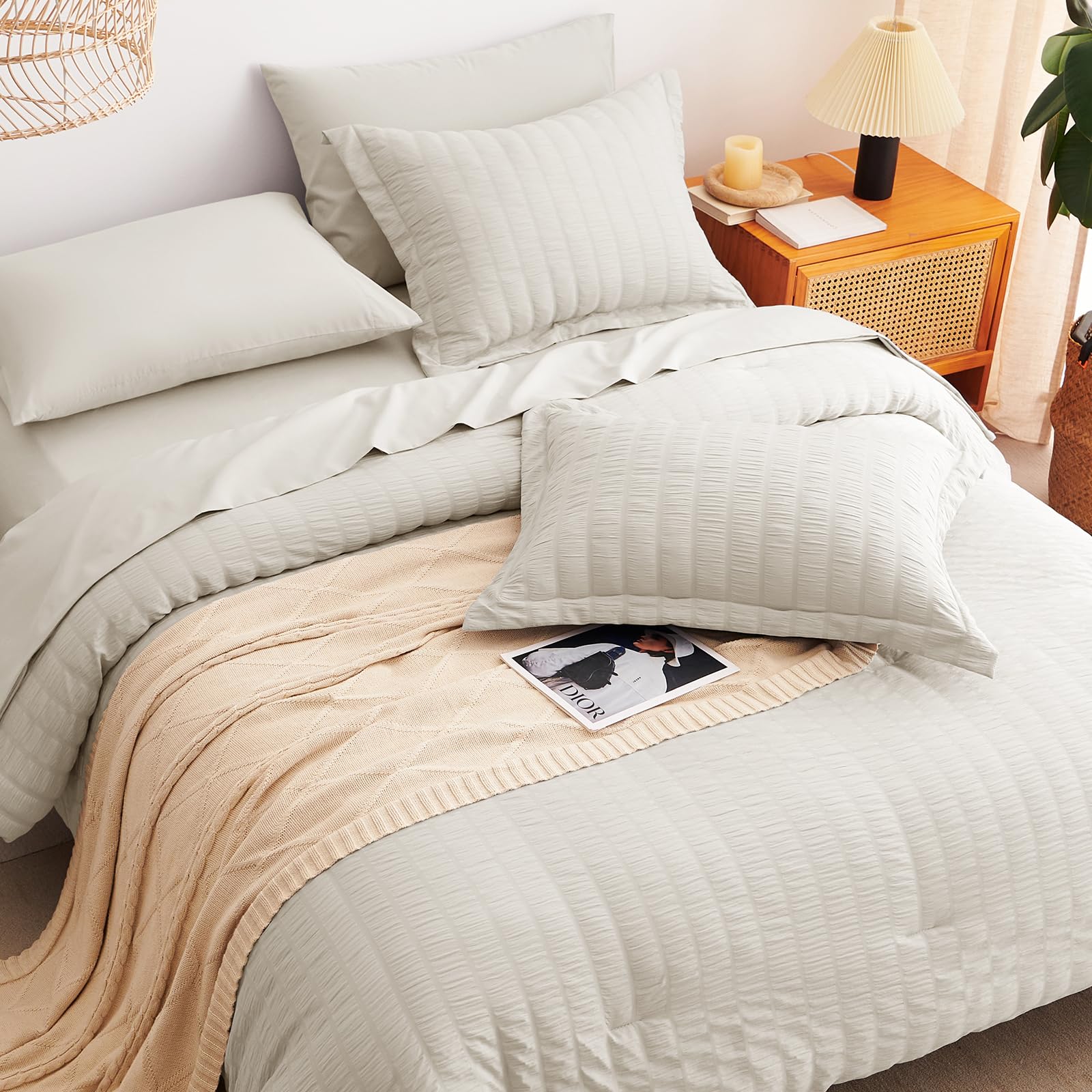 Cozylux King Seersucker Comforter Set With Sheets Beige Bed In A Bag 7-Pieces All Season Bedding Sets With Comforter, Pillow Sham, Flat Sheet, Fitted Sheet, Pillowcase