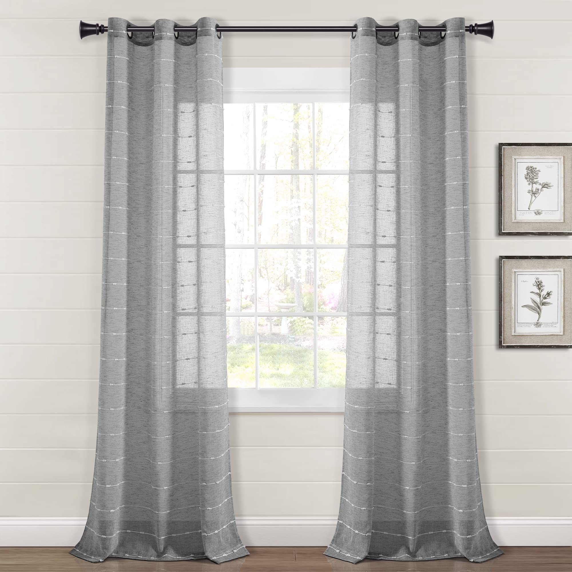 Lush Decor Farmhouse Textured Grommet Sheer Window Curtain Panel Pair, 38'W X 84'L, Dark Gray