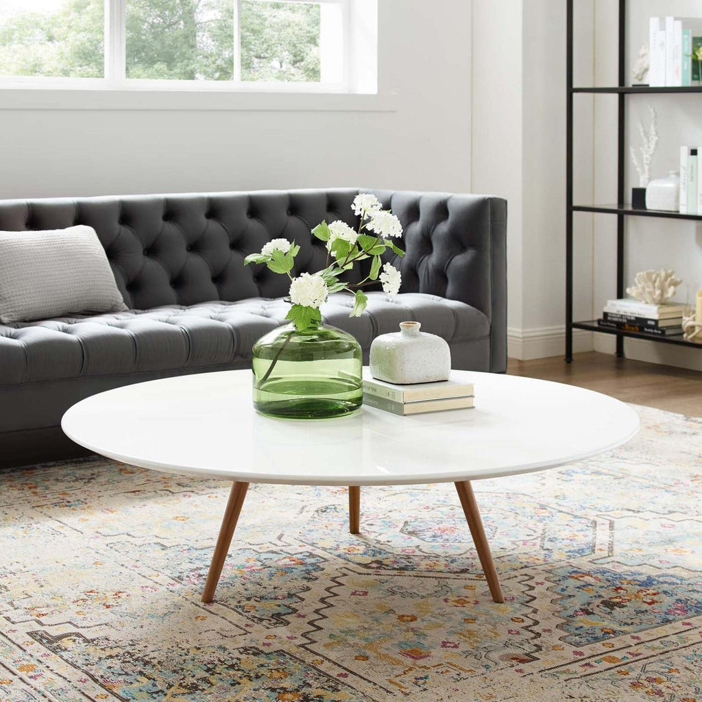 Modway Lippa 47" Mid-Century Modern Round Coffee Table With Tripod Base In Walnut White