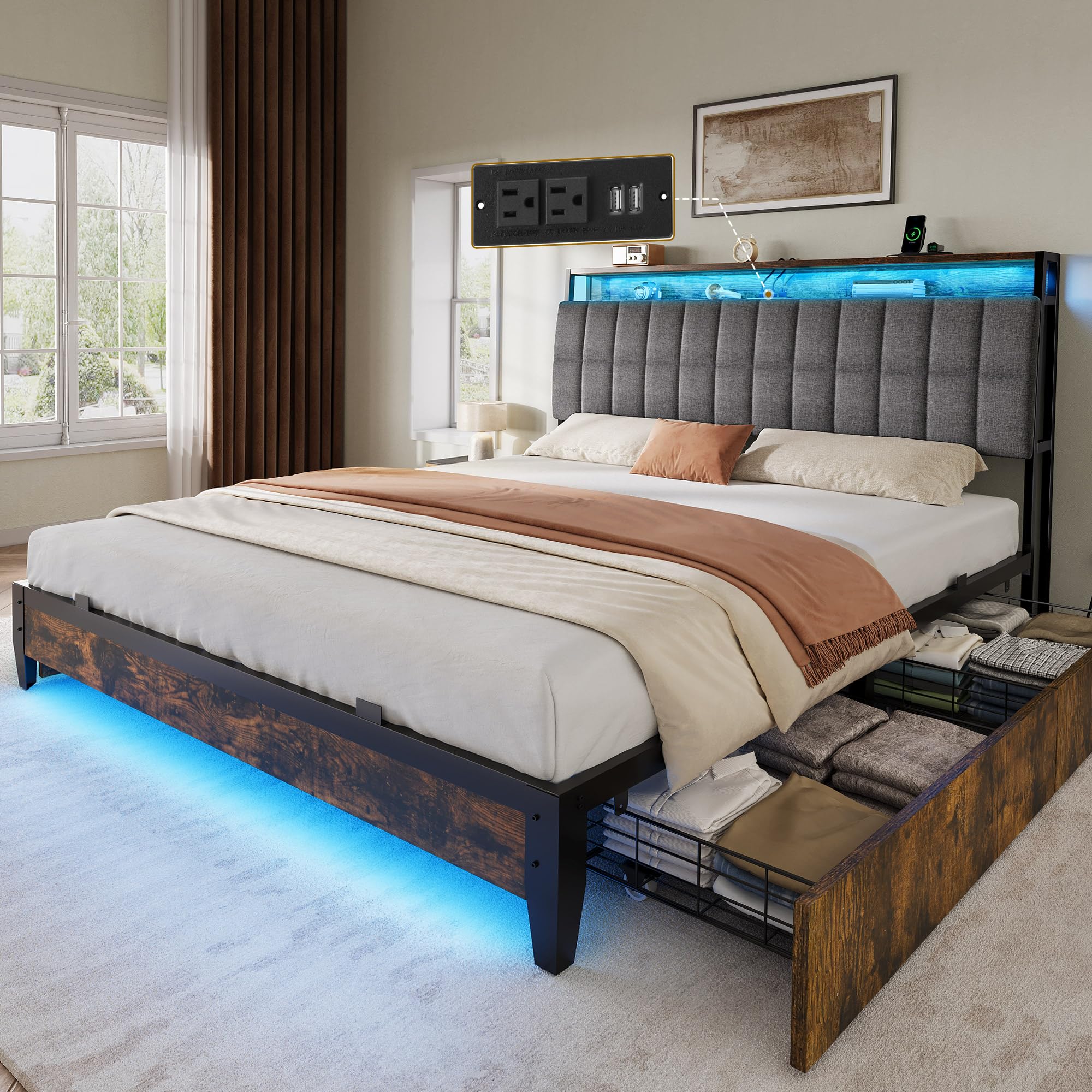 YITAHOME Queen Size Bed Frame with RGB LED Lights and 4 Drawers, Upholstered Platform Bed with Charging Station and Storage Head