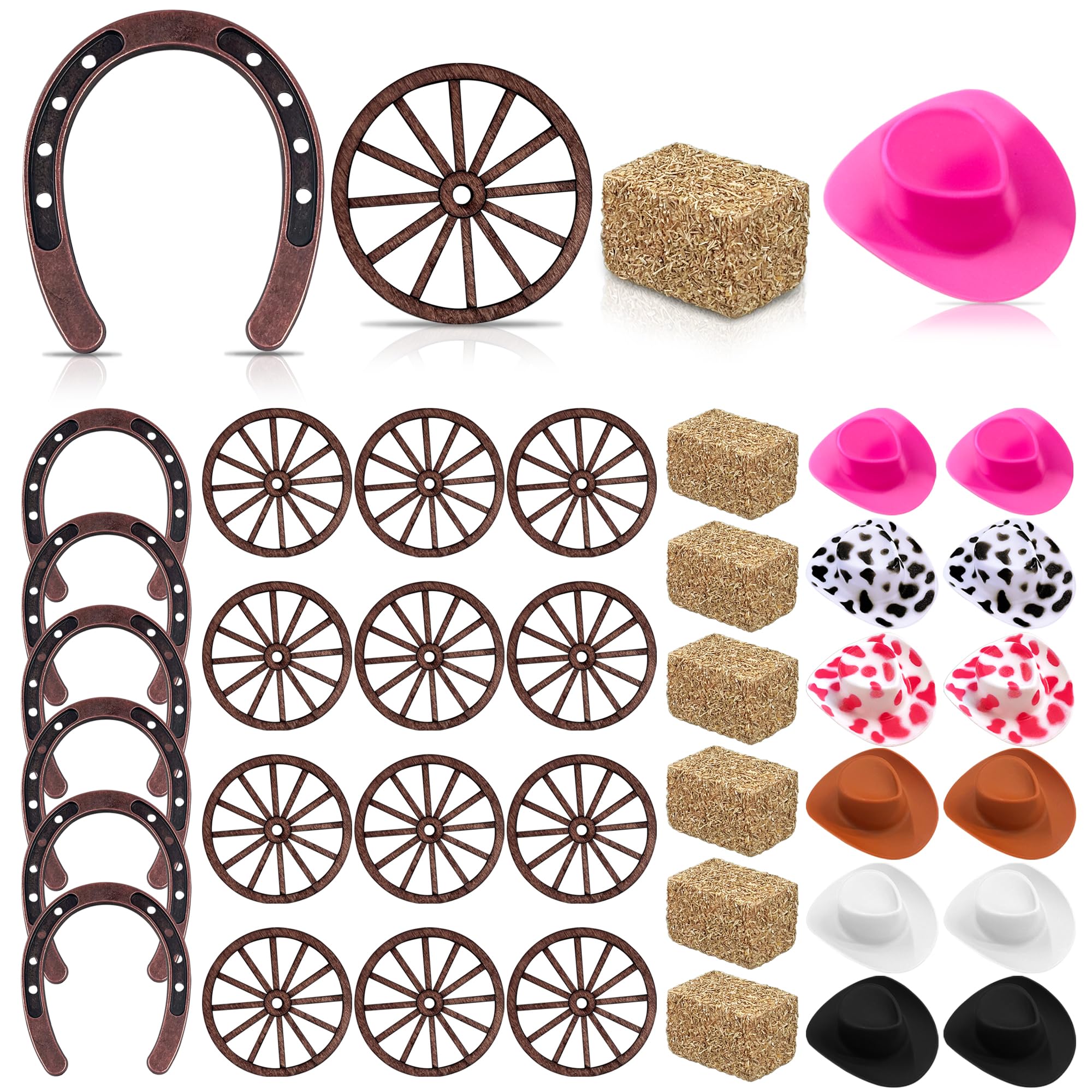 PPXMEEUDC 36PCS Western Party Decorations Mini Horseshoe Cowboy Hats Wheel Hay Bales for Crafts Birthday Wedding and Cowboy Part
