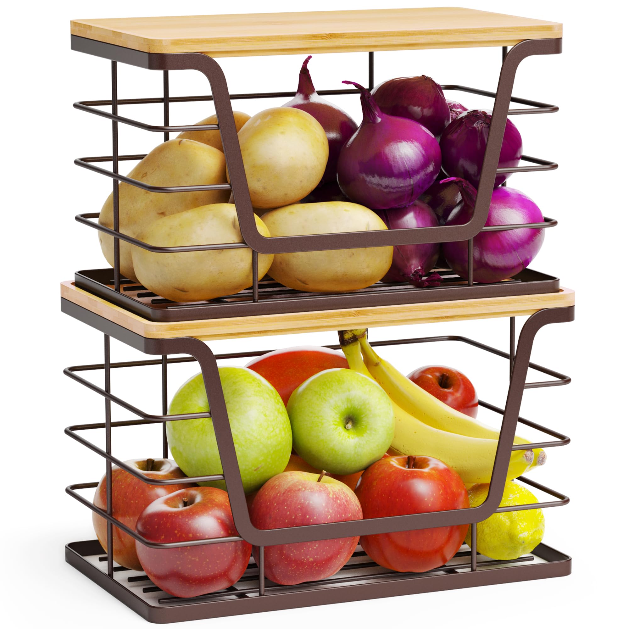 ALOCEO 2 Pack Stackable Wire Storage Basket with Bamboo Lip, Trash Bag Dispenser Under Sink for 4-13 Gal Bags, Kitchen Storage B