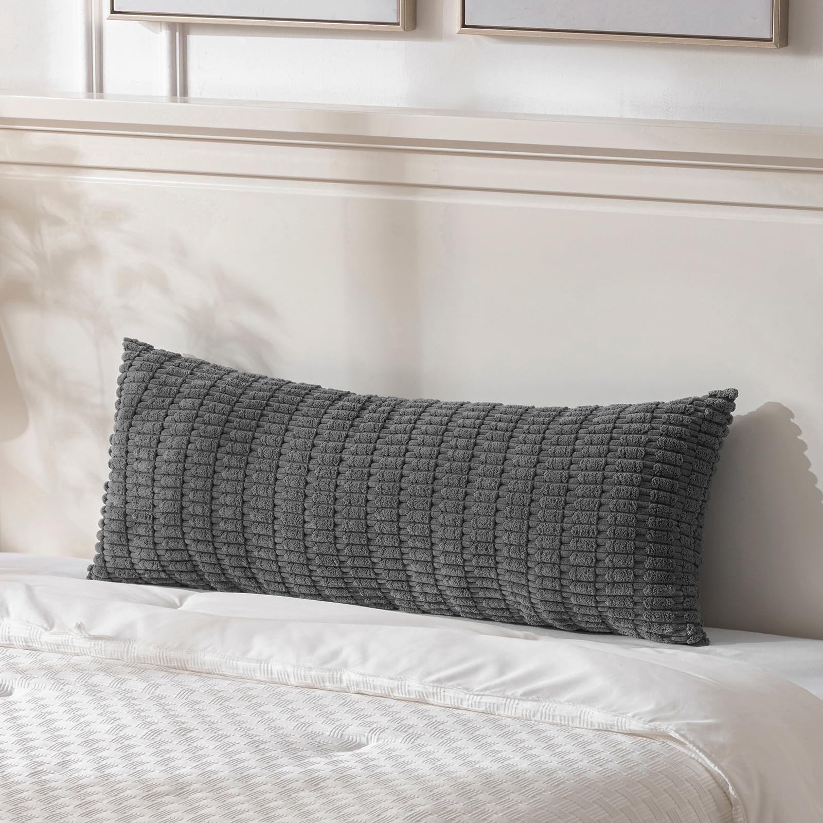 Fancy Homi Dark Grey Long Body Lumbar Decorative Throw Pillow Covers 14X36 Inch For Bed Couch Bedroom Bench, Soft Corduroy Recta
